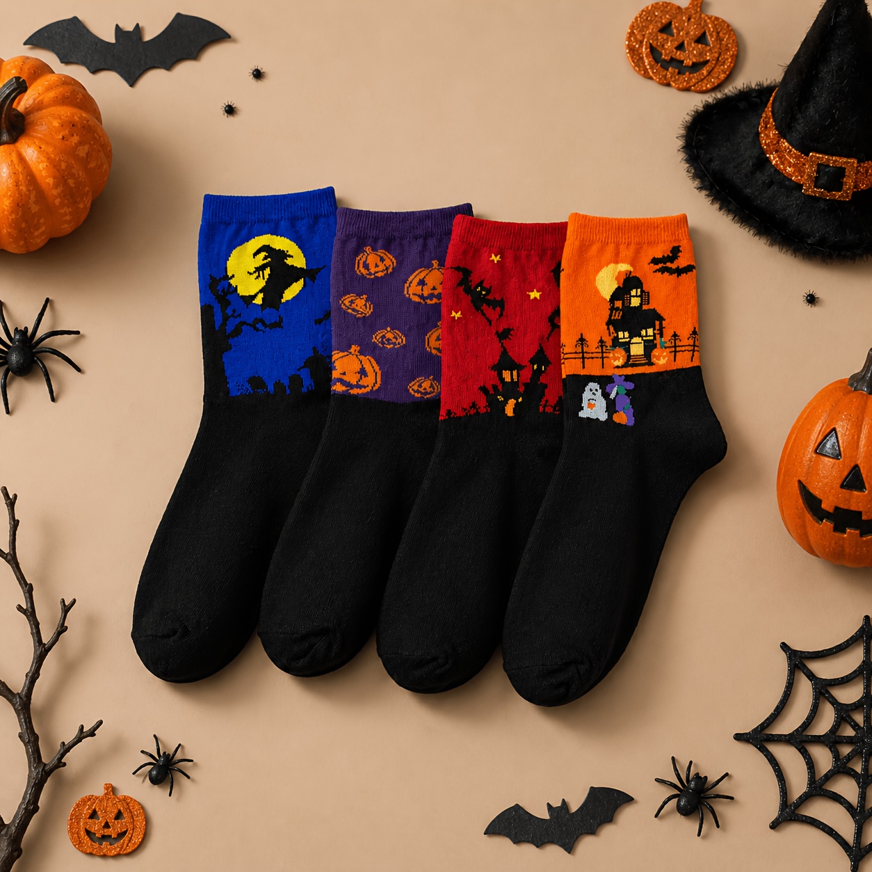 TEMU 4 Pairs Pack For ' Halloween Socks - Spooky , Bat & Pumpkin Print Crew Socks Suitable For Parties, Haunted House Outfits, Casual Wear, Machine