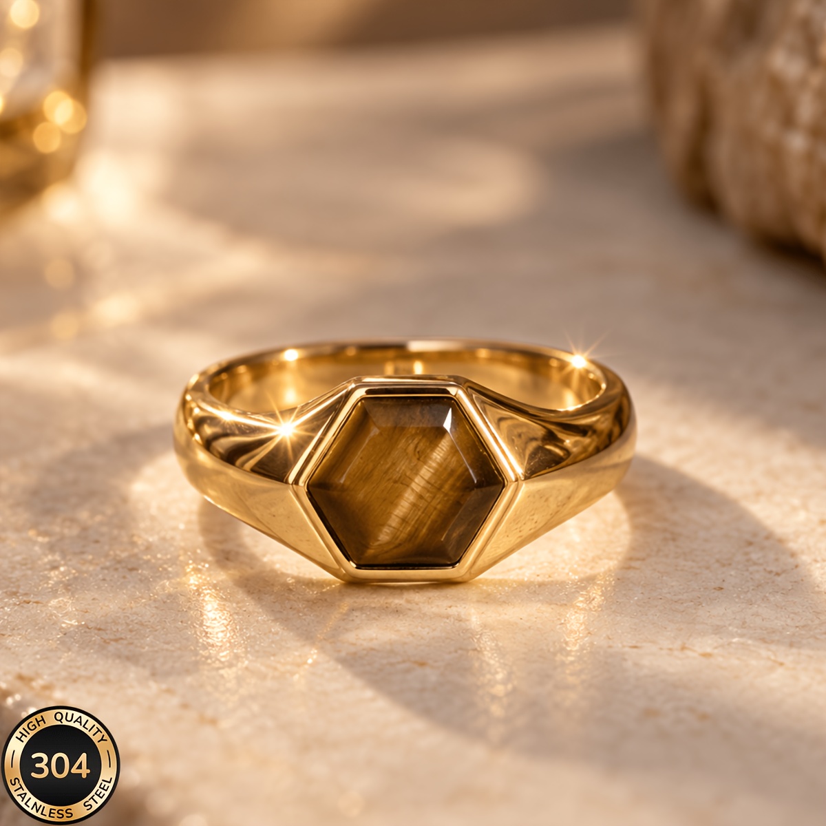 Women's 18K Gold-Plated Hexagonal Ring, Minimalist Design