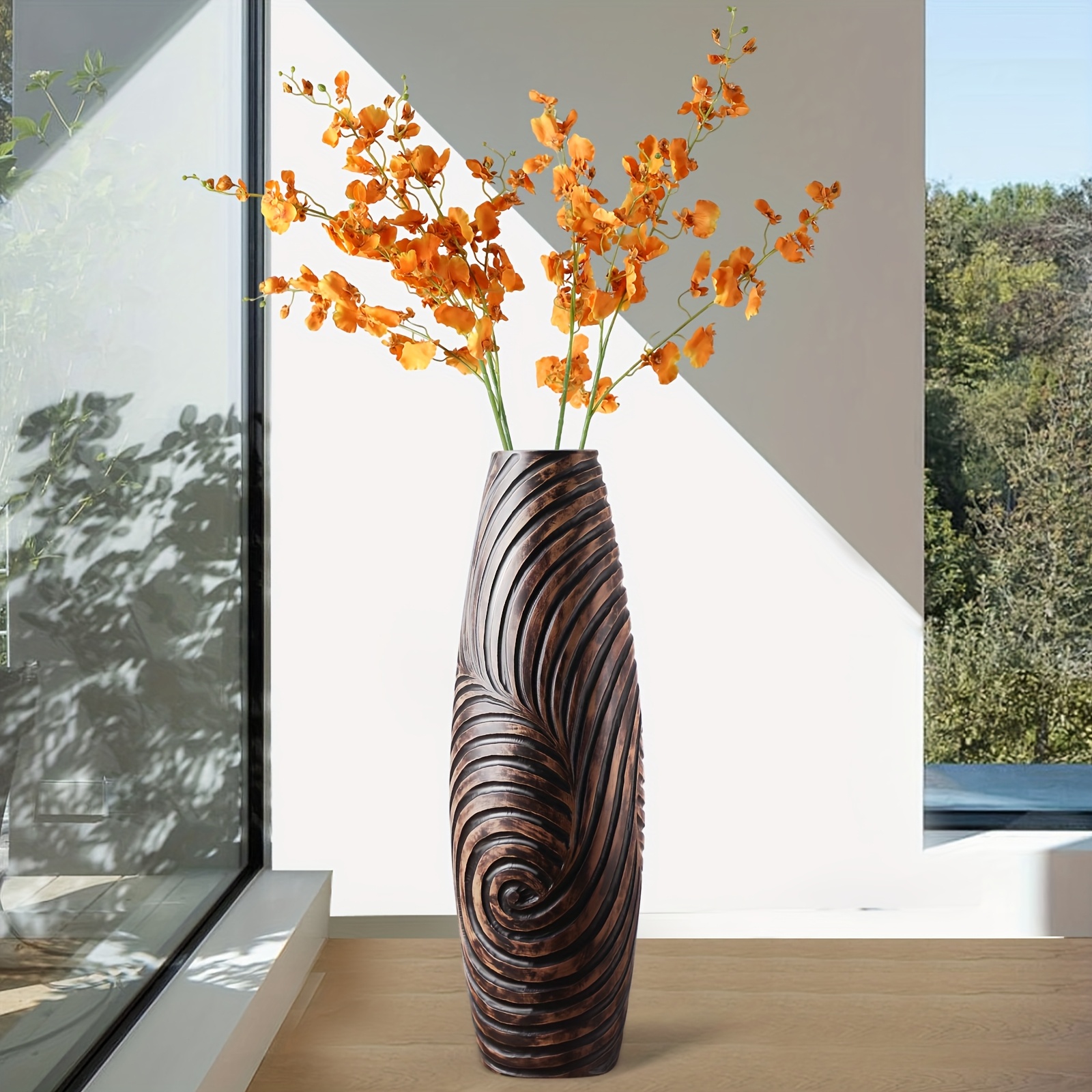 Grand vase de sol pour branches décoratives, vase haut sur pied, design, vase en bois