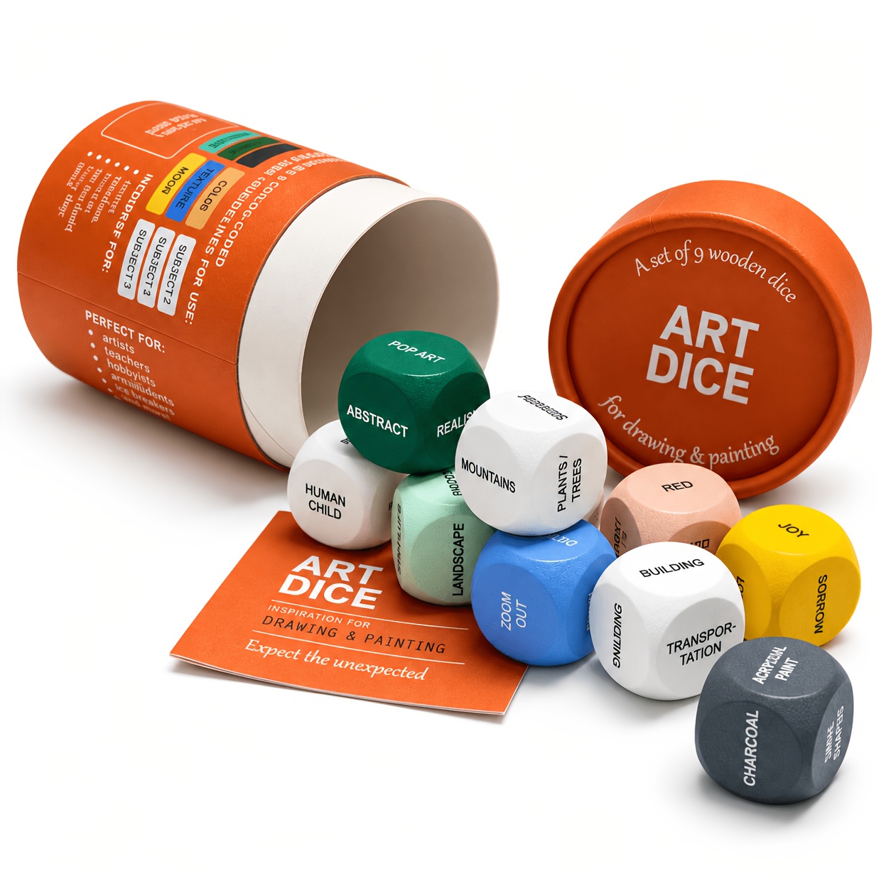 TEMU Art Inspiration Dice Set - 9 Color-coded Wooden Drawing & Painting Cubes, Portable Activity Kit For Studio Inspiration