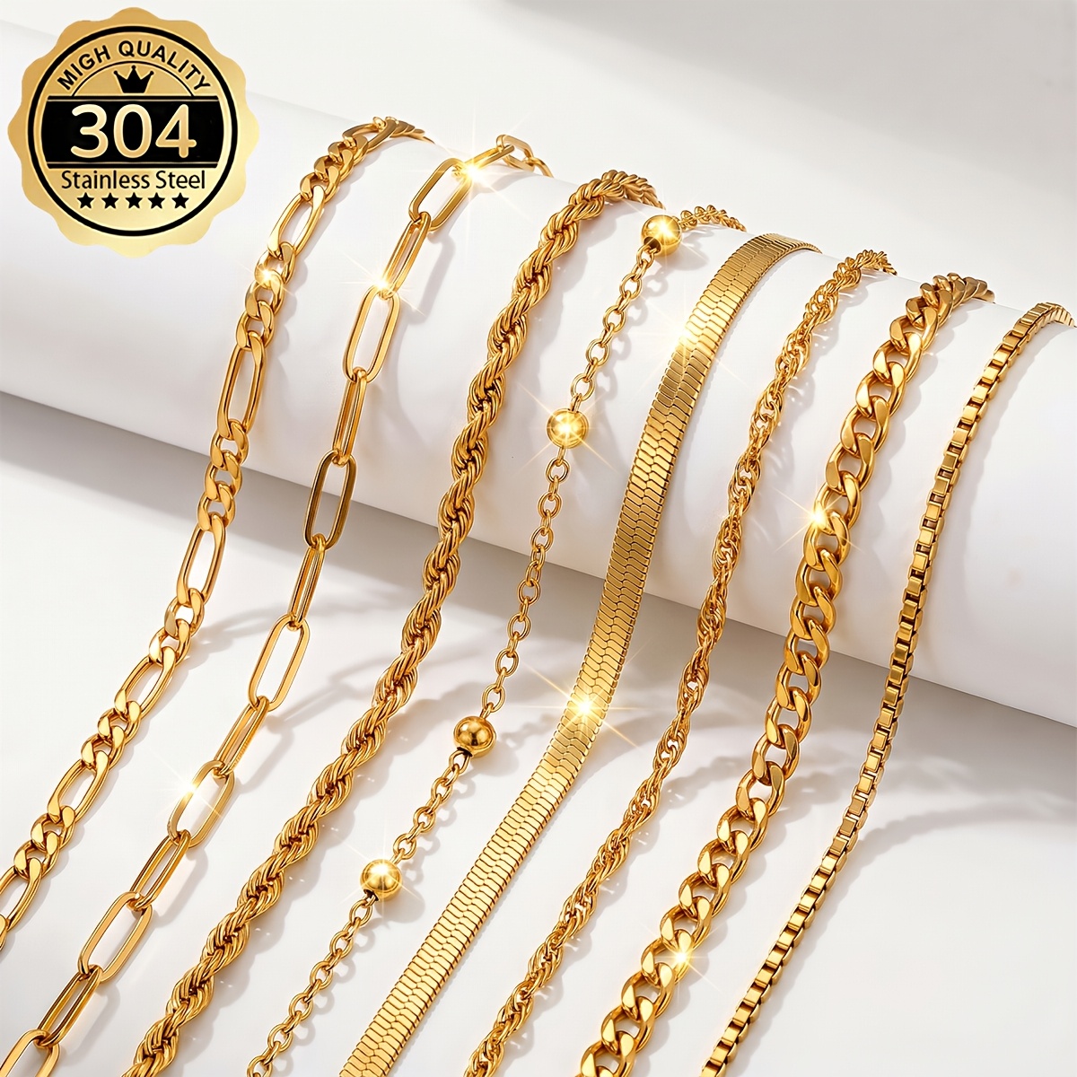 TEMU 8pcs Stainless Steel 304 Women's High--plated Bracelet Set, Chain Length 17cm 5cm Adjustable To Wrists, Waterproof, Non-fading, Low- For Allergy