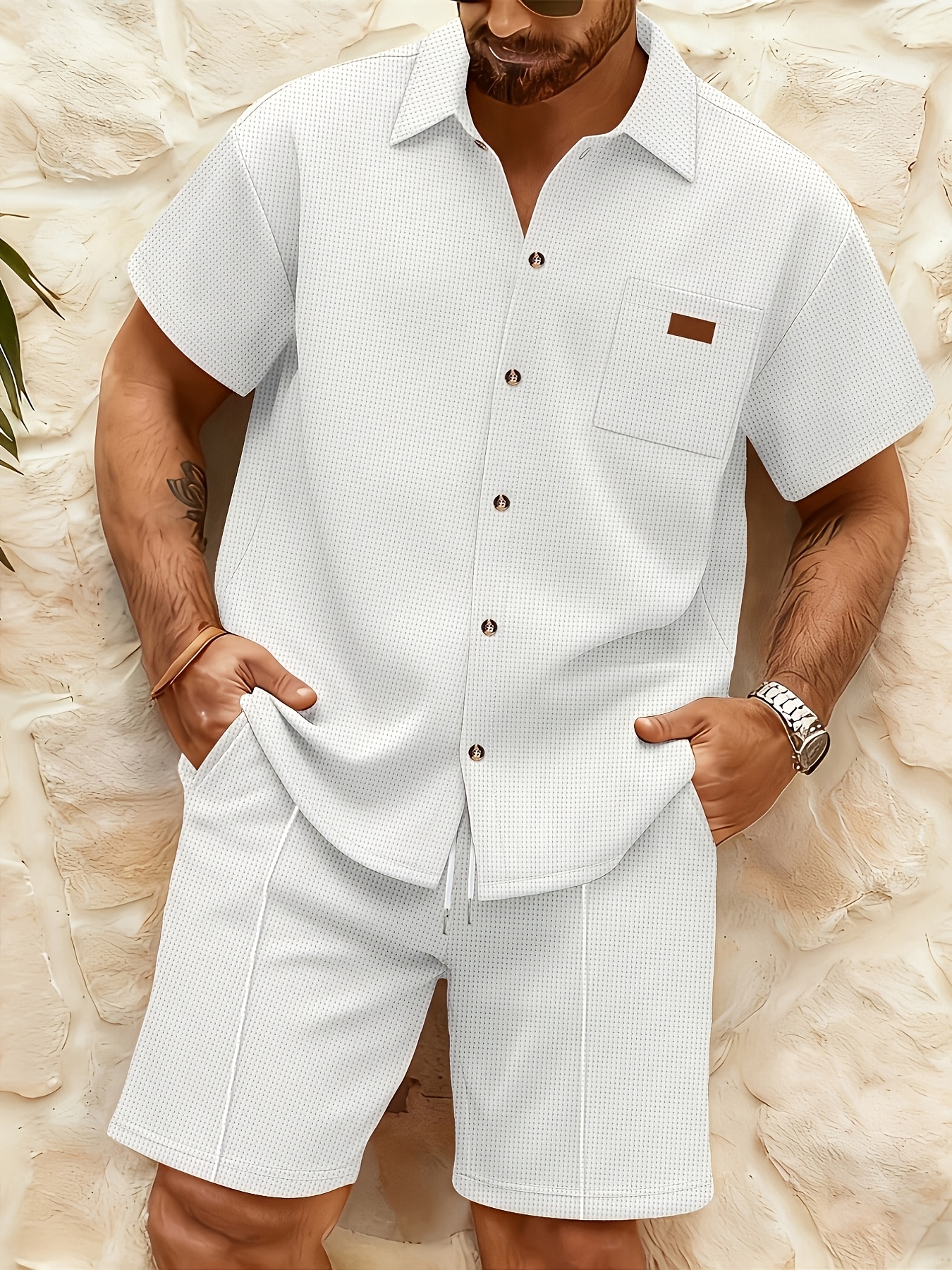 Men'S Waffle Knit Chest Pocket Short-Sleeve Shirt + Athletic Short-Sleeve Set
