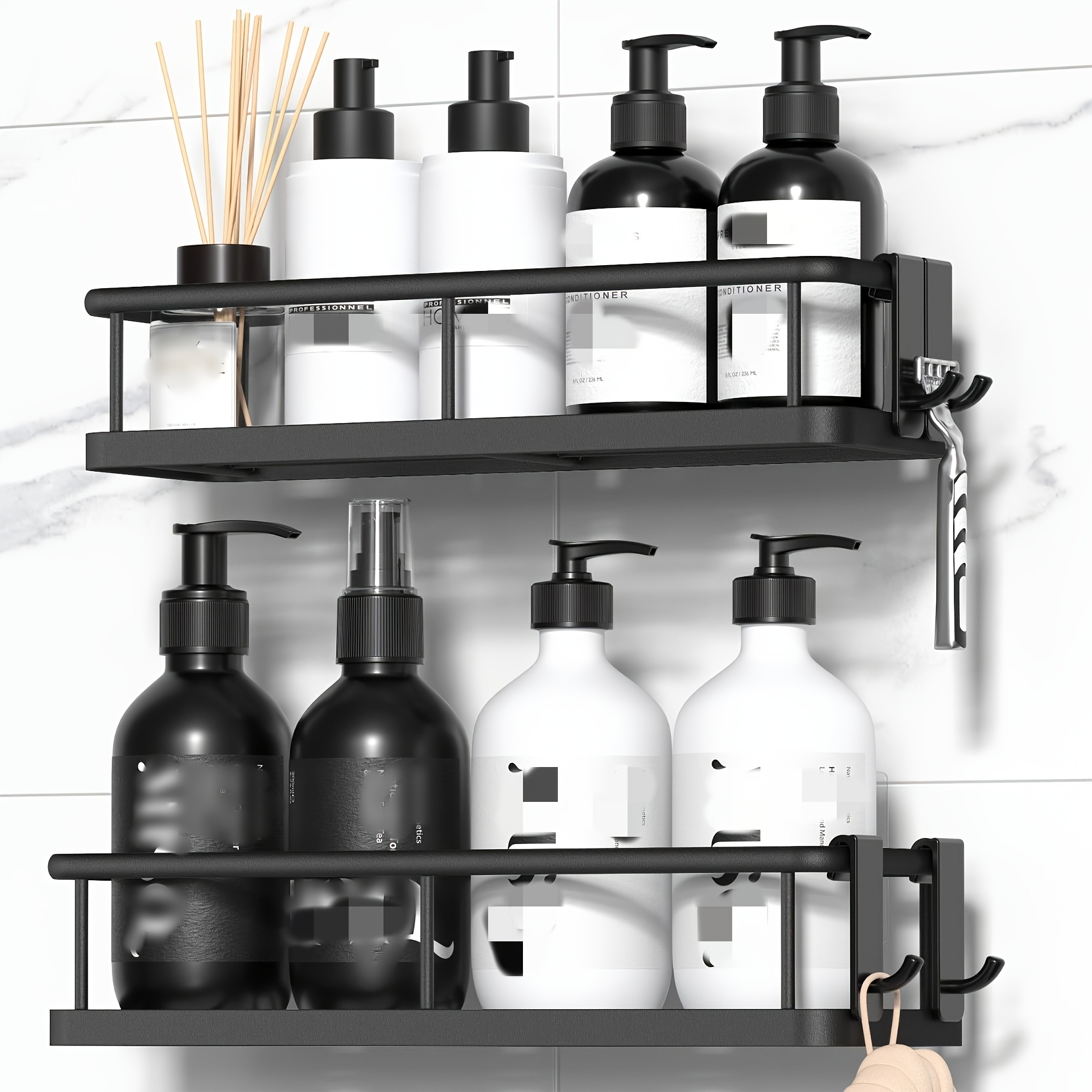 TEMU Shower Caddy, 11.96 Inch 2pcs Suction Cup Shower Shelf With Hooks, No-drill Bathroom Hanging Rack, Rust-proof Bathroom Organizer, Black