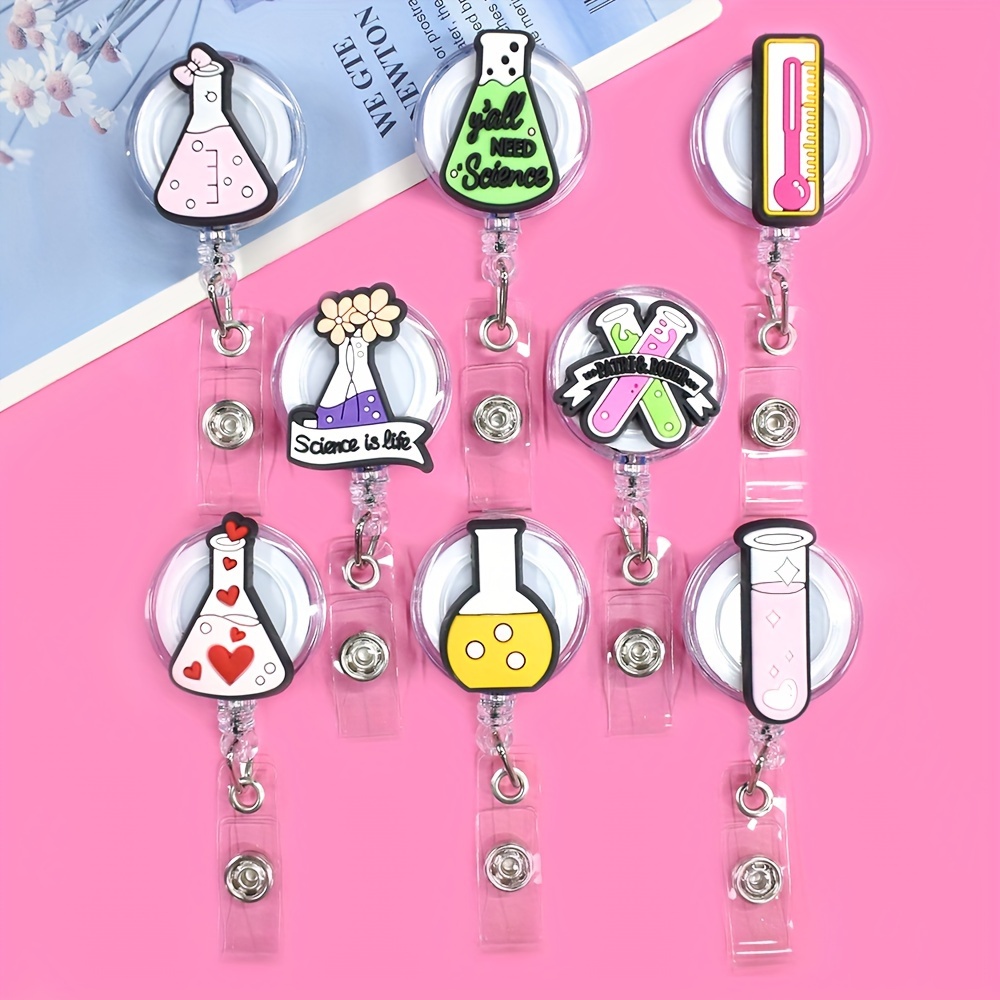 

8pcs Scientific Experiment Themed Badge Reels - Pvc, Pink With Test Tube & Thermometer Clips For Doctors, Students, And Office Id Holders