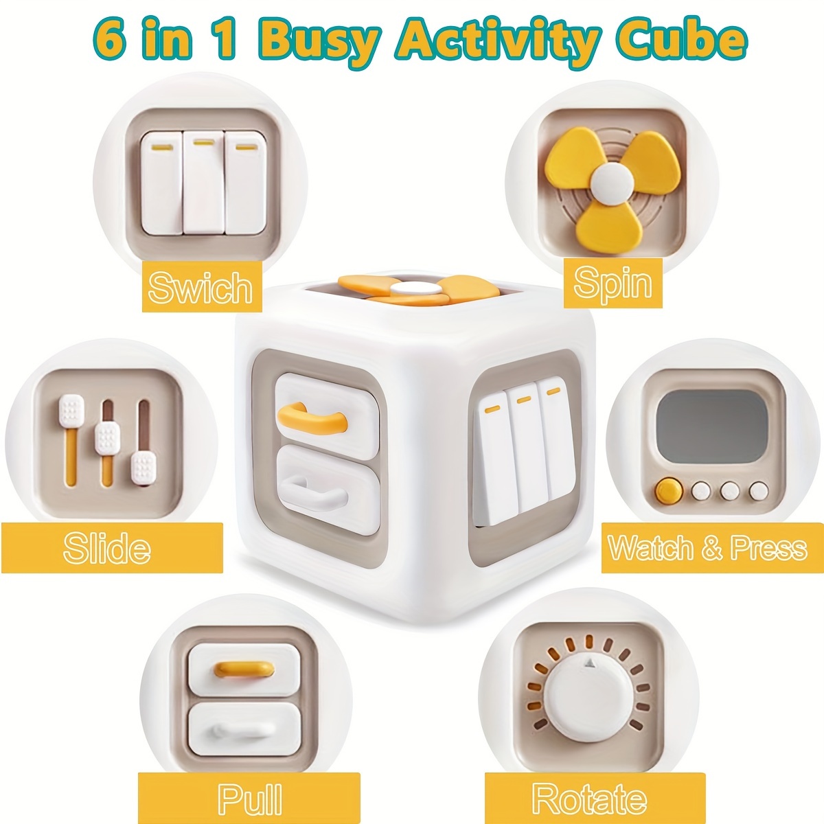   6 in 1   busy board early learning fine motor skills development toy   plastic white yellow details 2