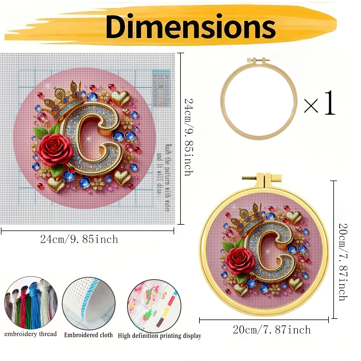 Round DIY Cross-Stitch Starter Kit with Rhinestone Rose Design