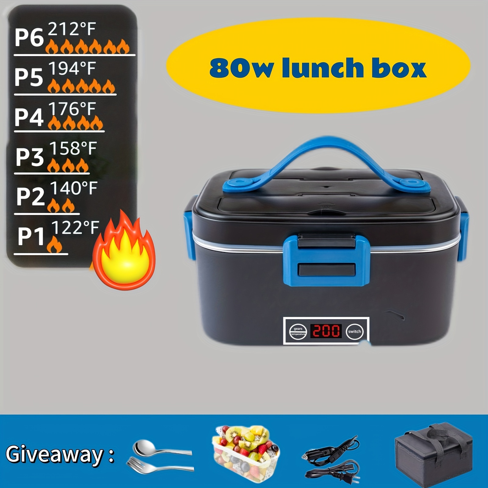 

80w Electric Lunch Box, 1.8l Adult Lunch Box With Temperature Display Lunch Box, 12v/24v/110v Food Warmer Lunch Box Stainless Steel Container And Bag, Suitable For Car/truck/job