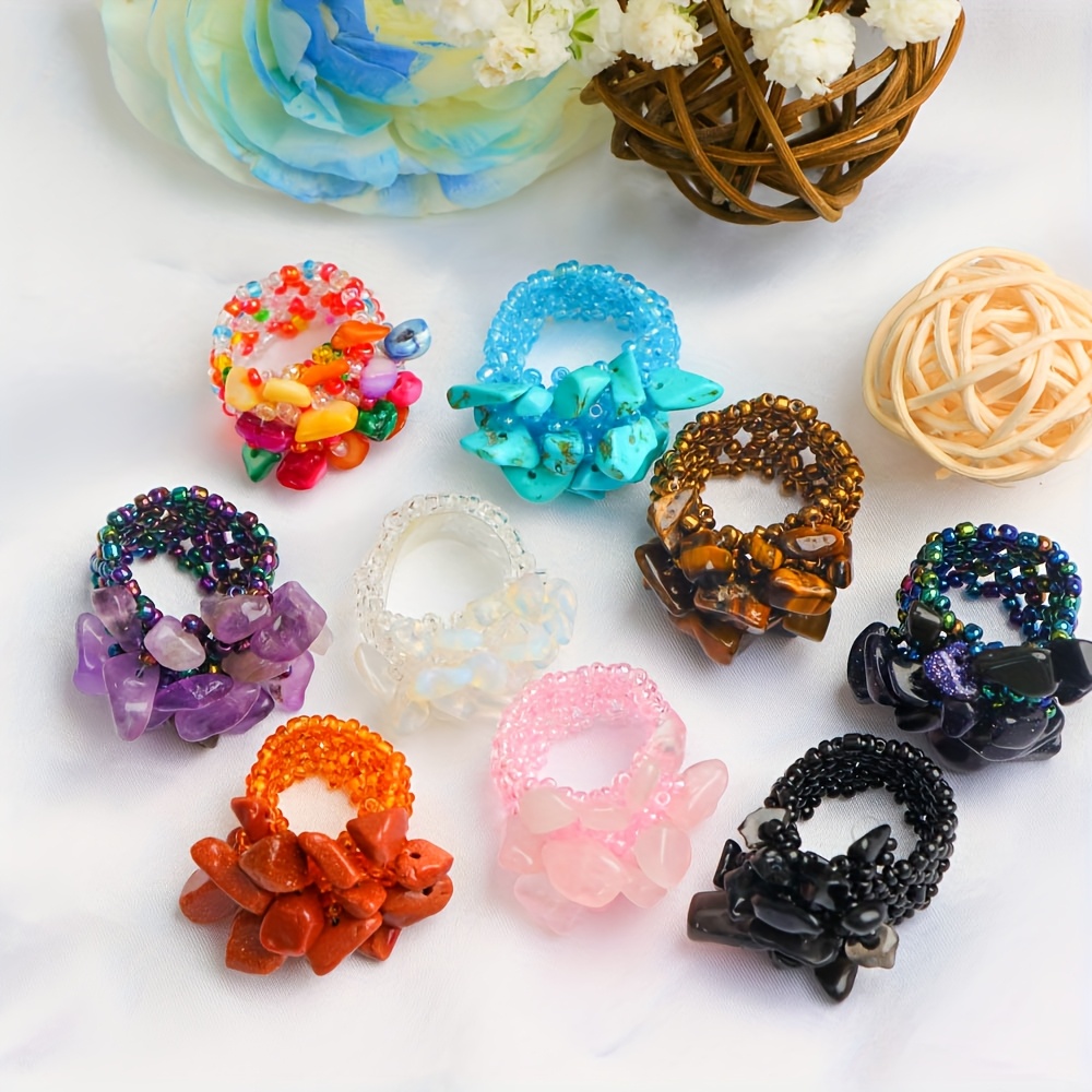 Image of 6 Handmade Beaded Elastic Rings Featuring Bohemian Style With Colorful Stones, Suitable For Everyday Wear For Men And Women, Perfect For Jewelry Parties, And Gifts