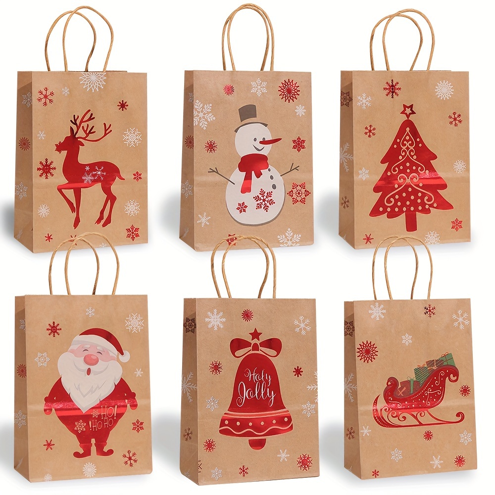 

24 Pack Christmas Kraft Gift Bags With Handles - Holiday Themed Geometric Pattern Paper Tote Bags For Party Favors, Presents - Reindeer, Snowman, Santa, Tree, Sleigh Designs - Animal & Other Topics