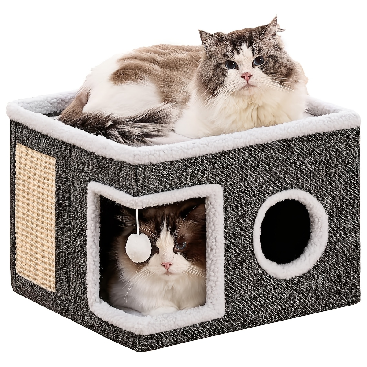 Image of Simple Double-layer Folding Cat Bed, Cat Room, Kitten Home, Indoor Cat Bed, Large Hole With Plush Ball Toy And Scratching Post, Kitten Apartment, Frame And Canvas Material, Pet Sofa, Not Textile