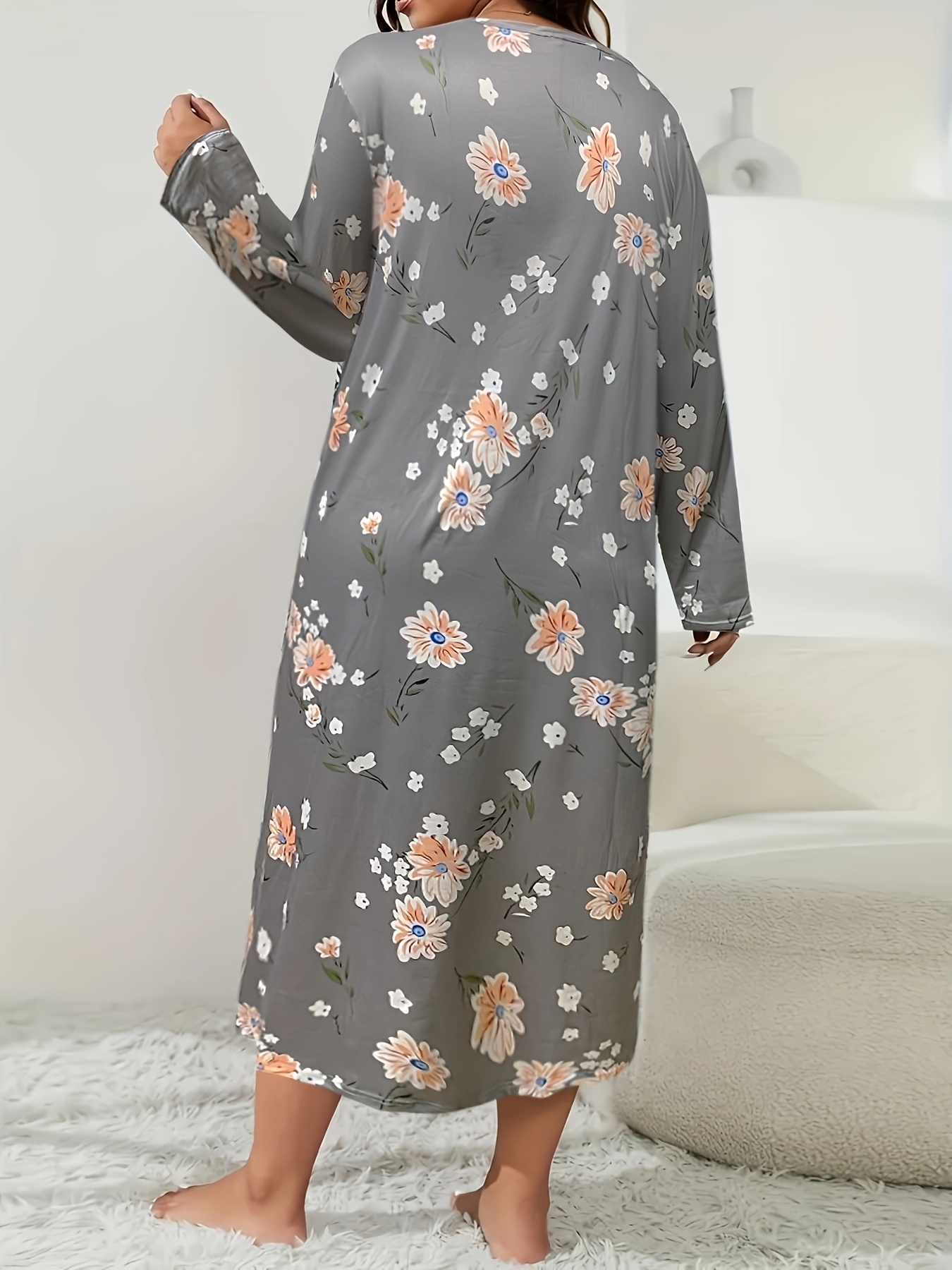 womens plus size casual nightgown oversized gray floral - Temu