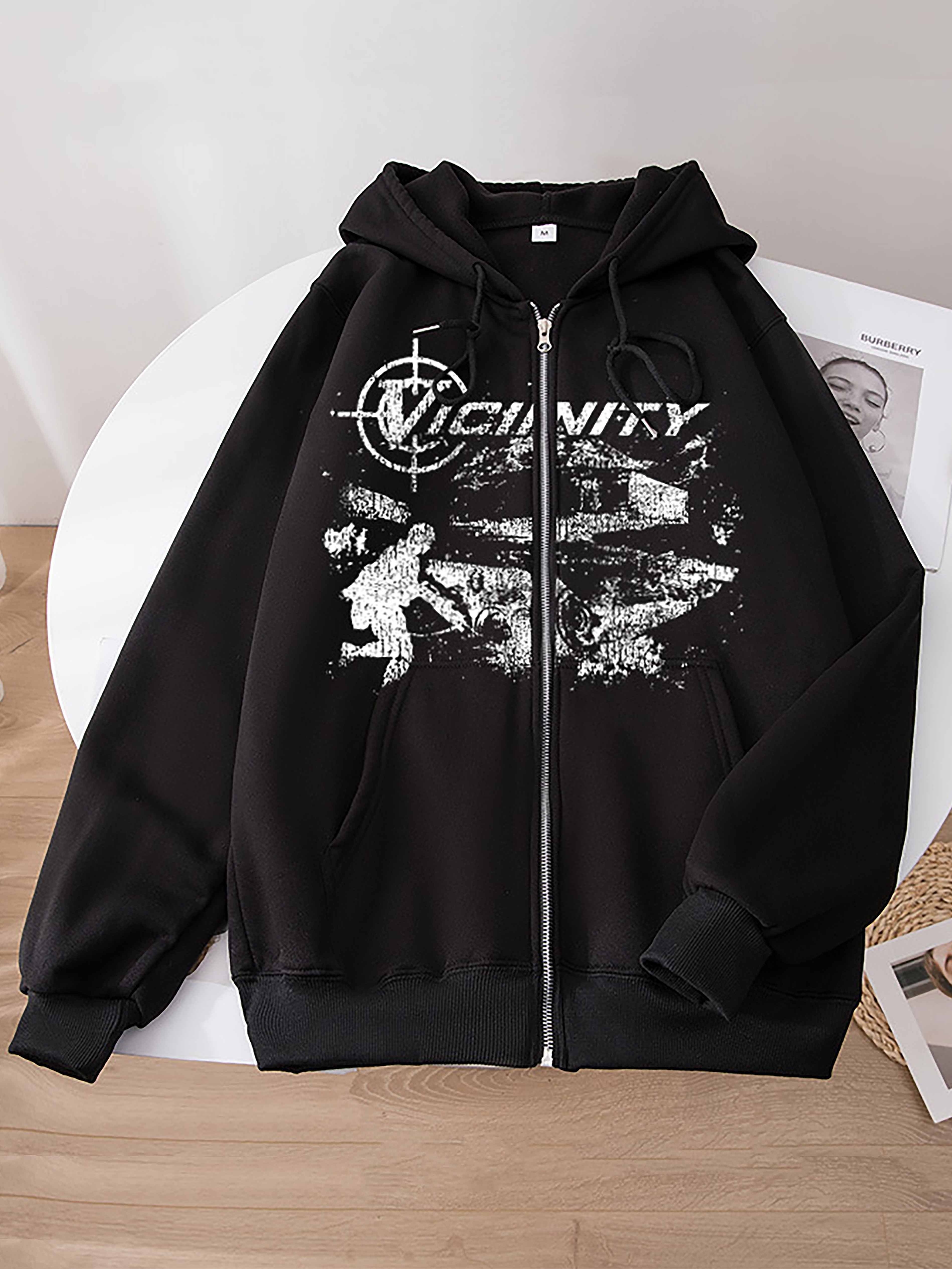 Letter Print Kangaroo Pocket Hoodie Casual Drawstring Zip - Temu