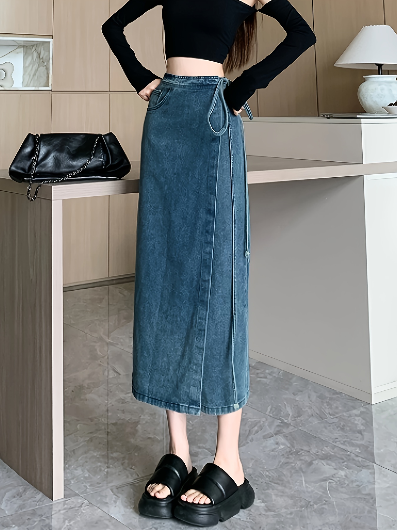 jupe en denim à taille haute bretelles fendues Temu Luxembourg