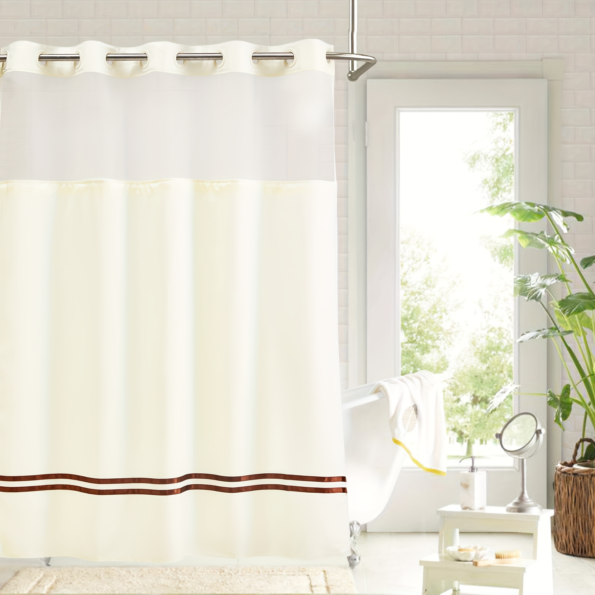 

Shower Curtain With Snap In Liner, No Hook Needed, With Window, Magnets And Black Stripe, Machine Washable, 71 X 74 Inch