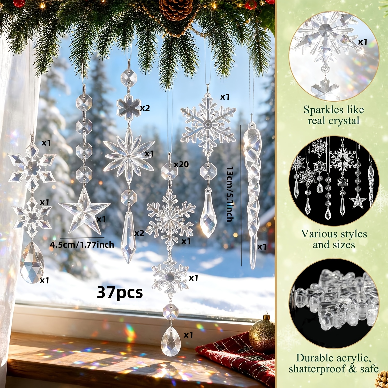 TEMU 1 Set Of 37pcs Christmas Snowflake Icicle Ornament Set, Transparent Crystal Icicle Hanging Acrylic Snowflake And Teardrop Christmas Decorations