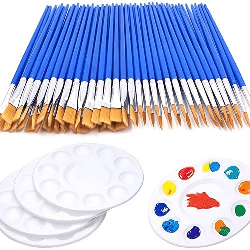 65pcs paint set with palette including 60 flat round brushes and 5 paint palettes suitable for acrylics oil painting watercolor canvas face painting and party painting