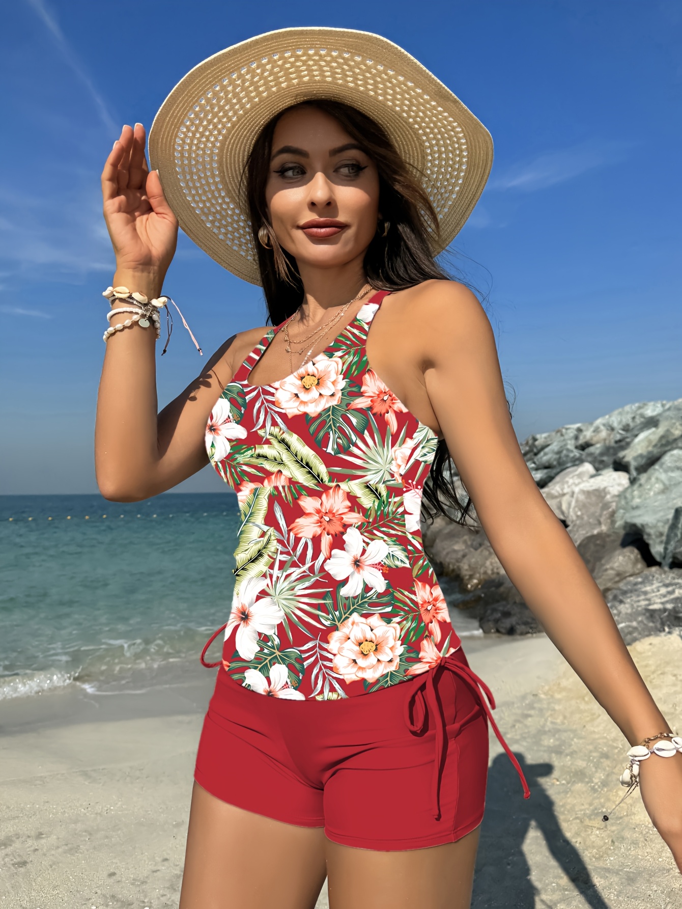 Floral Print Drawstring Square Neck Tankini Set