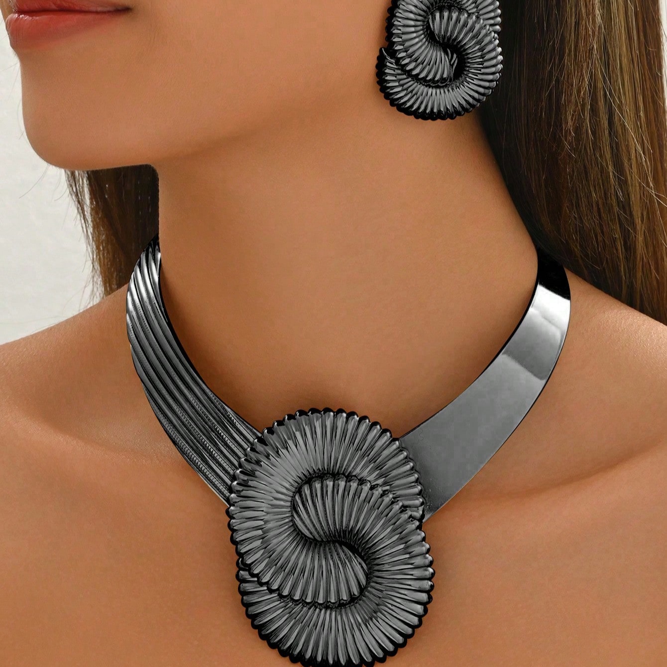 TEMU 3pcs Exaggerated Metallic Style Women's Jewelry Set Fashionable Western Creative V-shaped 8-letter Choker And Stud Earrings Design Individual