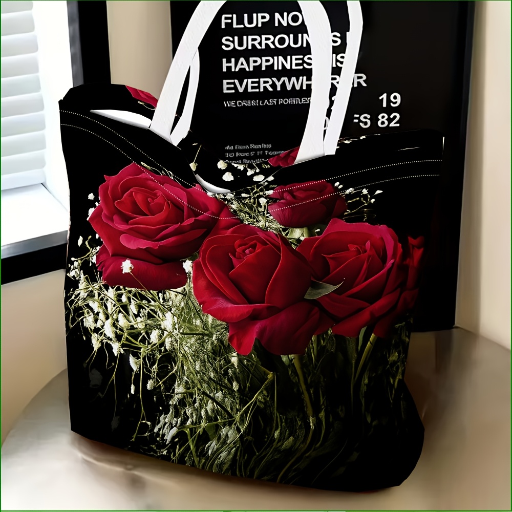 TEMU 1pc Exquisite Shoulder Bag, Red Rose With Breath. Patterned Women's Shoulder Bag, Multi-functional, Tote Bag, Clutch, Evening Handbag, Travel