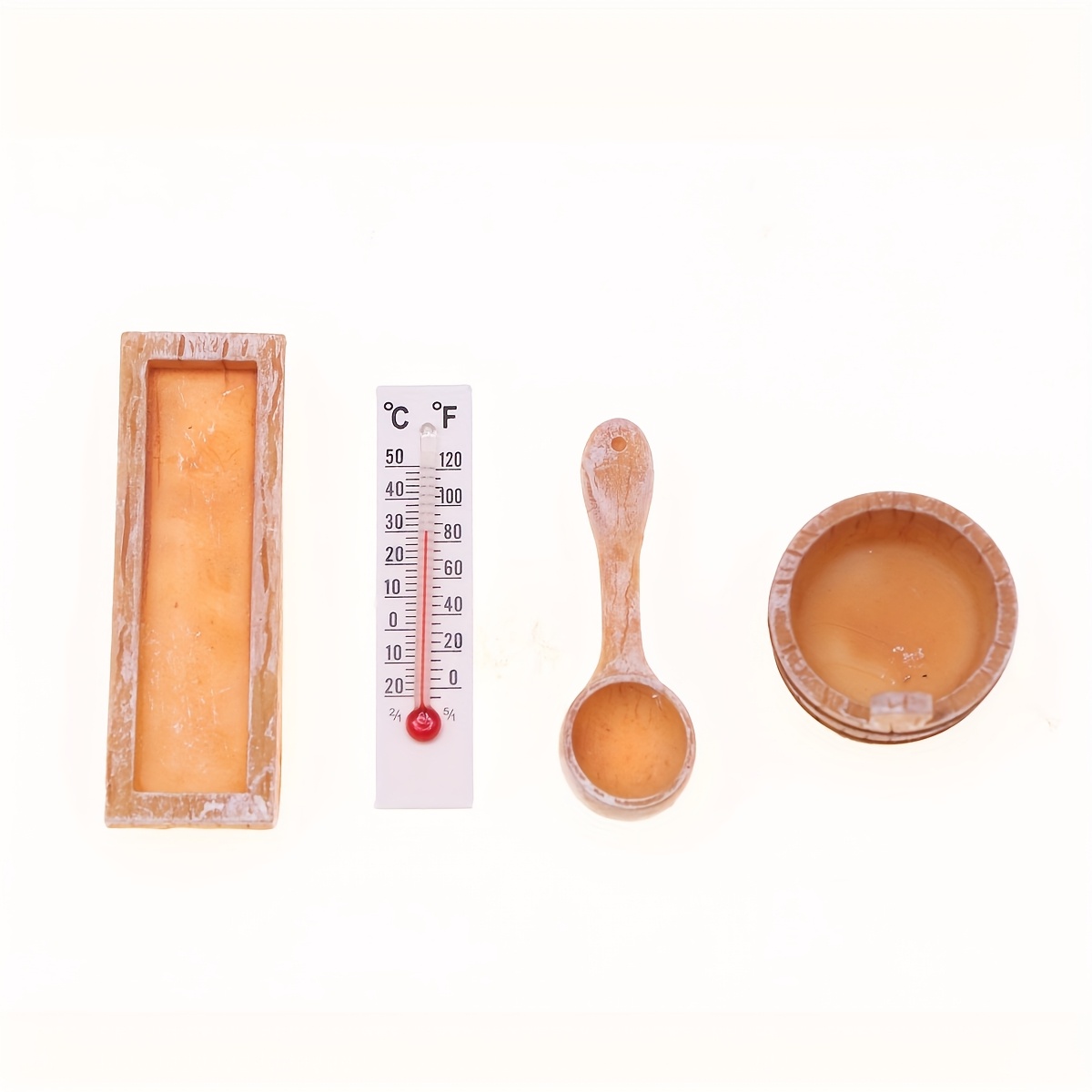 Image of 4pcs, Dollhouse Miniature Summer Sauna Scene Props Model Additions, Mini Simulated Thermometer Bucket Props, Collectible Gift For Hobbyists And Enthusiasts