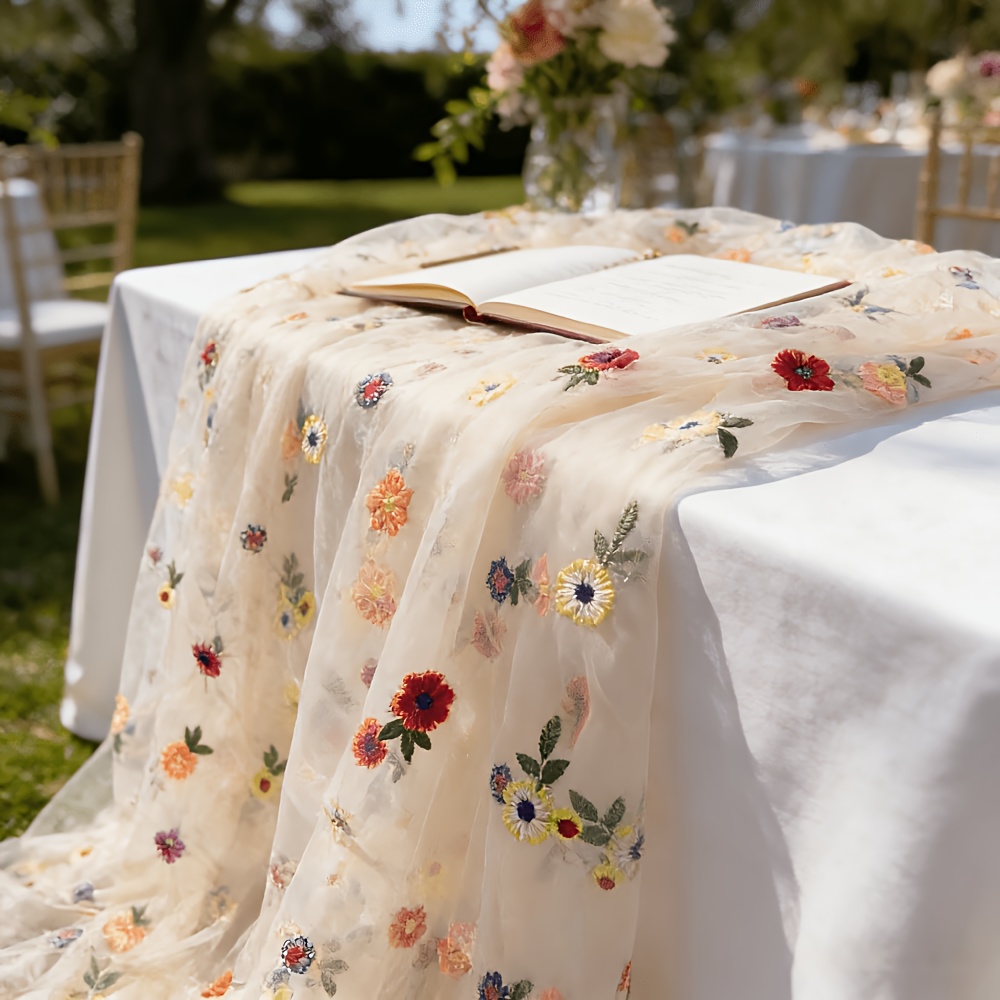 TEMU Light Luxury Floral Embroidered Mesh, Highly Transparent Embroidered Soft Net Fabric, Outdoor Wedding Table Drape And Ceiling Handmade