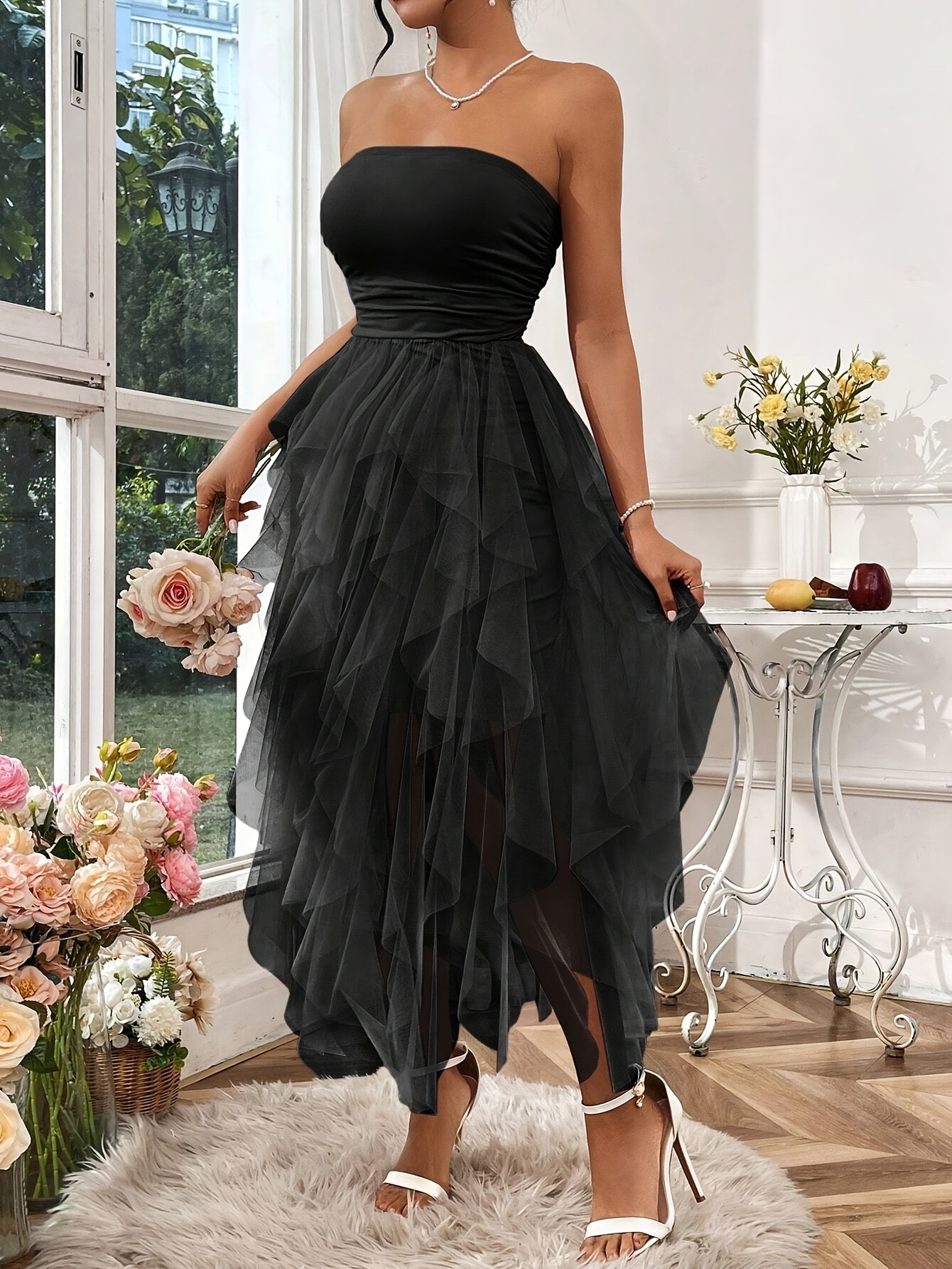 Strapless Maxi Dress Strapless Overlay Dress Elegant Black