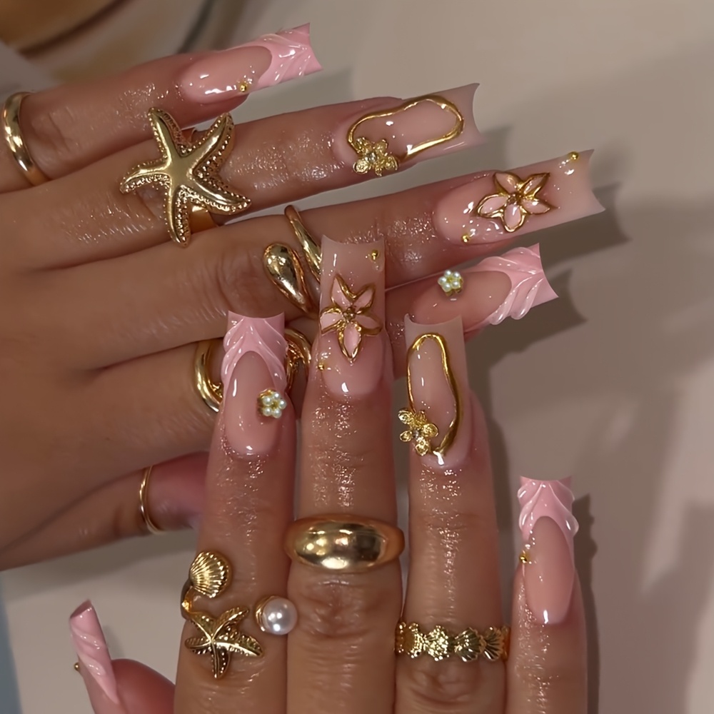 TEMU 24pcs Faux Ongles Longs Coffin à Pression, Faux Ongles Sirène Rose, Fleur Métallique Dorée 3D, Cadre à Dorées Ajourées & Mini Décor, Base Nude