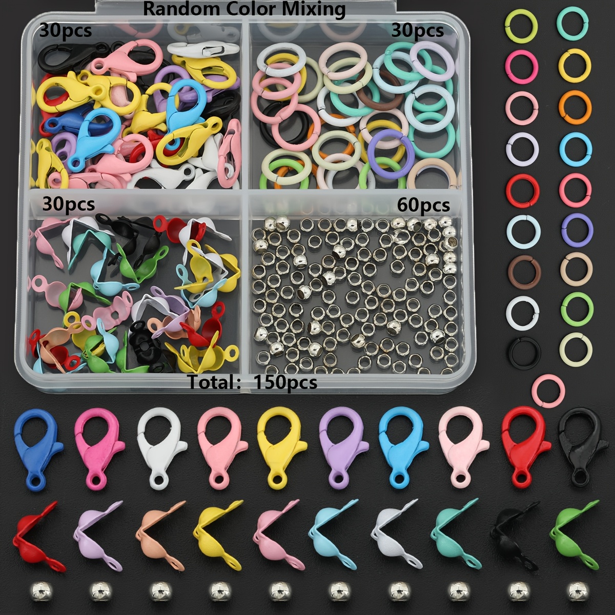 TEMU 150pcs/box Diy Keyring Making Parts, Assorted Random Colors, Includes Lobster Clasps + Double-ended End Caps + Open Jump Rings + Spacer Beads,