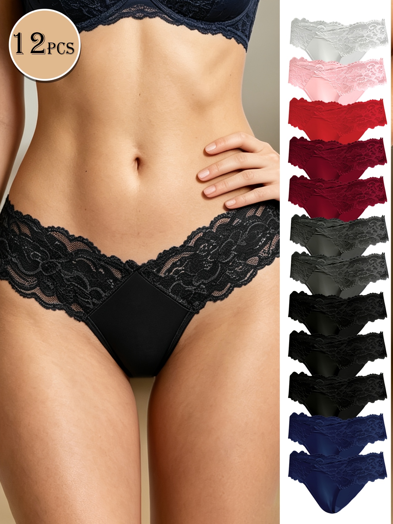 12pcs Women's Thong Underwear - Sexy Lace Trim V-Thong Panties, Soft Breathable Multi-Color Assortment (Navy, Burgundy, Black, Grey, Pink) - Comfortable Stretchy Everyday Low-Waist Lace-Like Undies for All-Day Wear - Image 2