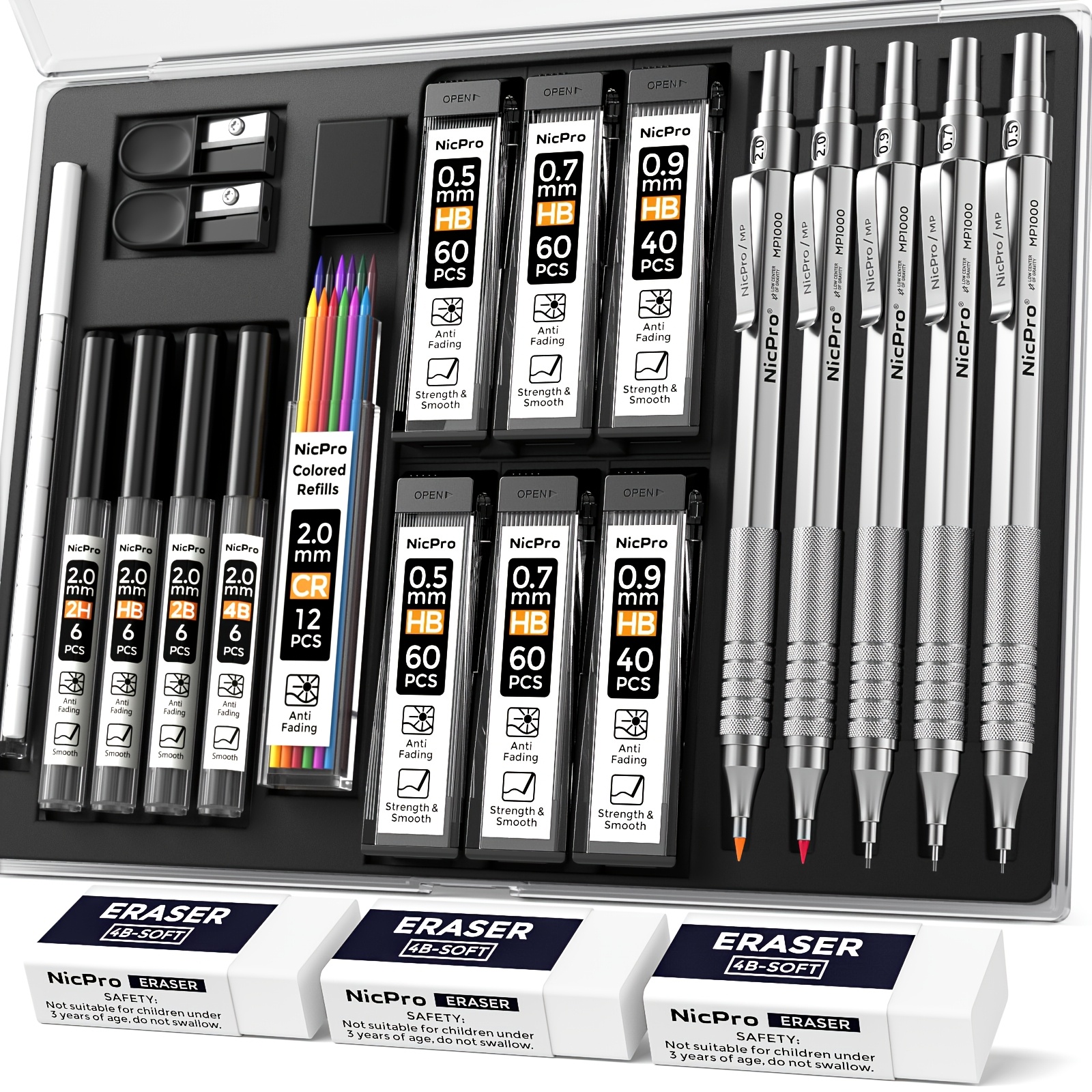 1 Set Metal Mechanical Pencil Set In Case, Art Drafting Pencil 0.5, 0.7, 0.9mm & 2pcs 2mm Mechanical Drawing Pencils With Leads (4b 2b Hb 2h Colored) For Drawing Writing Sketching
