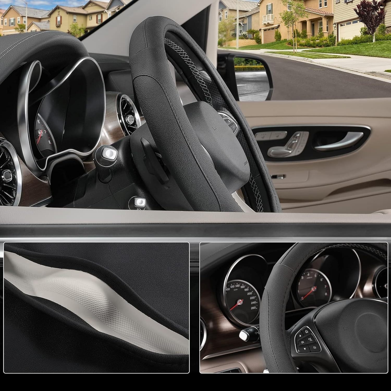 Universal 36.83-38.1   Microfiber   Leather Steering Wheel Cover - Premium Non-Slip Grip, Durable & Easy-  for Cars, Trucks, SUVs,   -   & Stylish Interior Upgrade, Vehicle Accessory, Sleek Car Accessory, Microfiber Texture