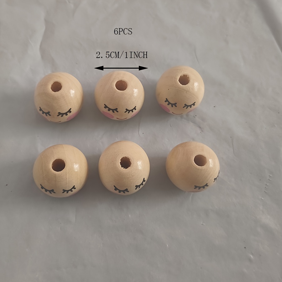 Image of 6/12/24pcs 3 Sizes (25mm 20mm 14mm) Round Wood Beads Shy Smooth Smile Wooden Beads Handmade Loose Wood Spacer Beads Printed Ball Wooden Beads With Holes For Crafts Jewelry Making