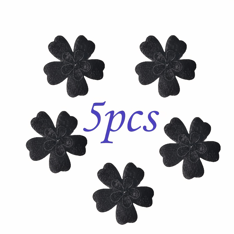 TEMU New Arrival 5pcs Black 5-petal Flower Appliques With Bead Center, Velvet Embroidered Patches For Clothing, Hats, Bags, Wedding Dresses & Diy