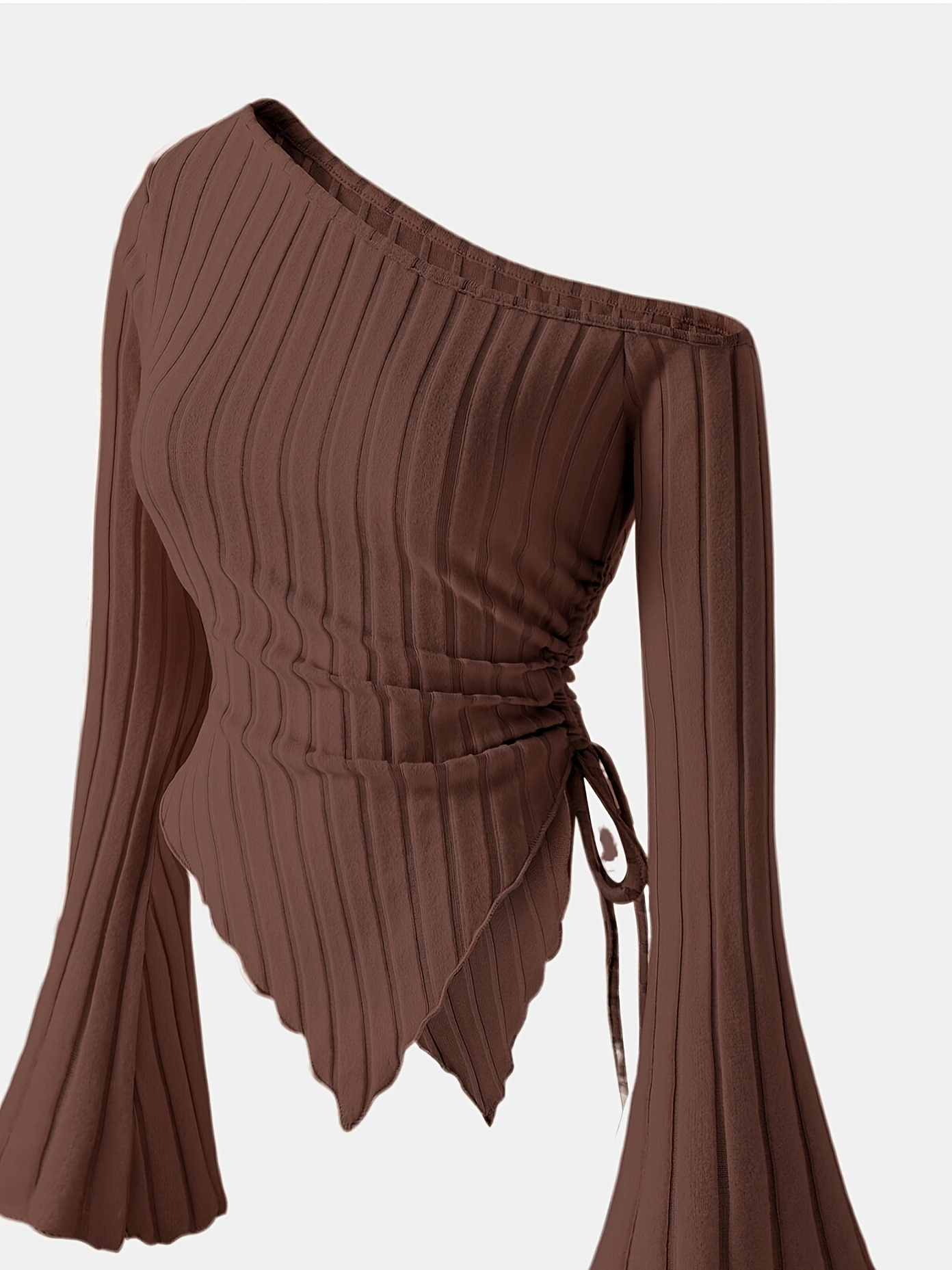   womens elegant off shoulder ribbed top with batwing sleeves asymmetrical hem beige   fit stretchy t shirt for spring summer machine washable spring summer fashion unique shoulder design  