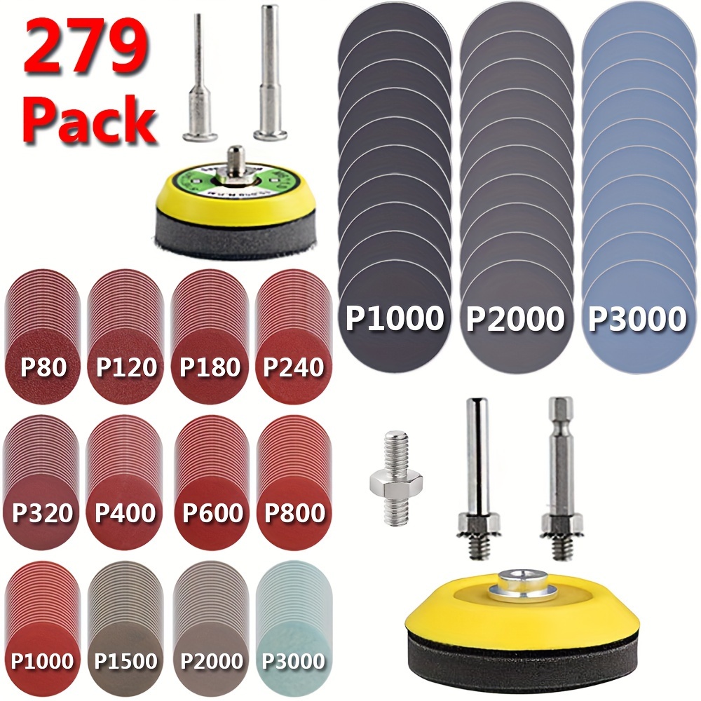 

279 Pack 2/3 Inch Versatile Sanding Discs Pad Kit For Drill Sanding Grinder Rotary Tools Attachment With 2pcs 1/8"&1/4" Shank Backer Plate, Sanding Pads Includes 80-3000 Grit