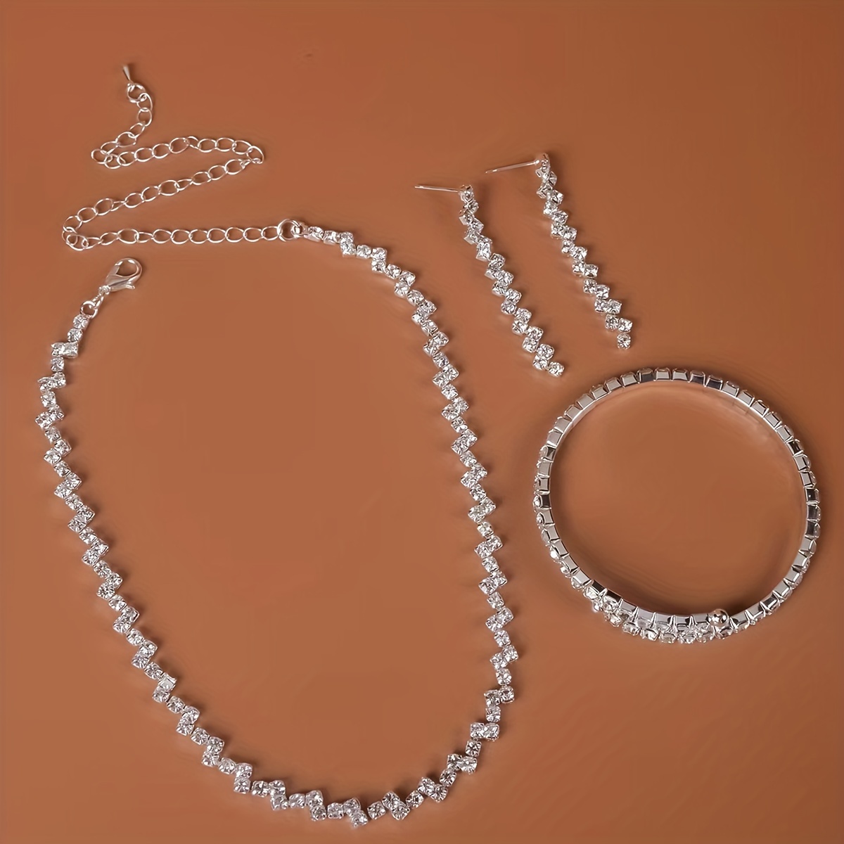 

Dangle Earrings + Bracelet + Necklace Elegant Jewelry Set Made Of Stainless Steel Paved Shining Stone Engagement Wedding Jewelry Gifts For Eid
