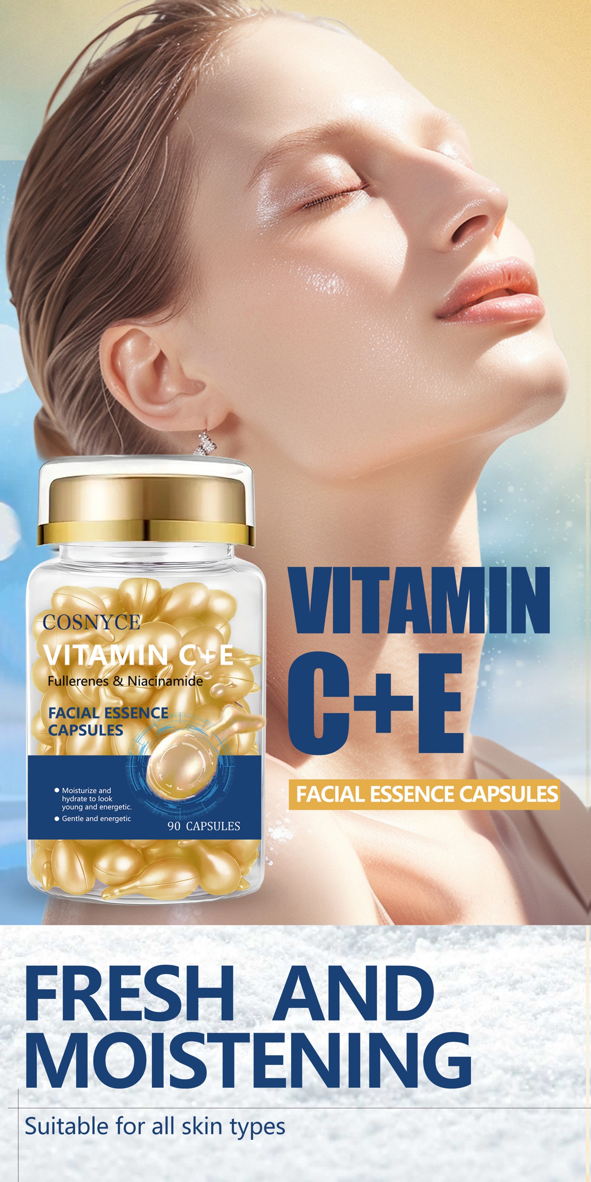 Cosnyce Vitamin C+E Capsules With Glycerin, Fullerenes & Niacinamide | Moisturizing Facial Essence For Sensitive Skin, Unscented, 90 Capsules