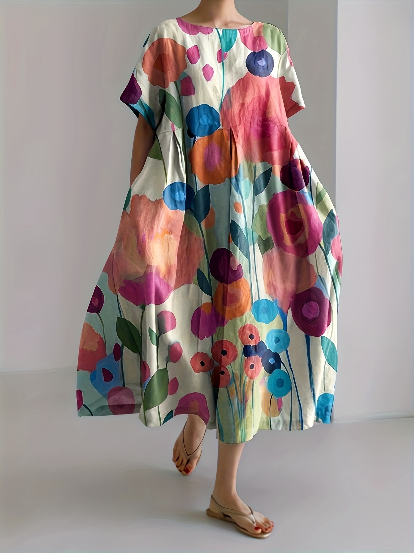 Vintage Floral Print Women'S Maxi Dress - Japanese Comic Design, Loose Fit  with Pockets, Short Sleeve, Crew Neck, Elegant Long Robe for  Spring/Summer/Fall, Casual Wear|Floral Maxi Dress|Pocketed Dress