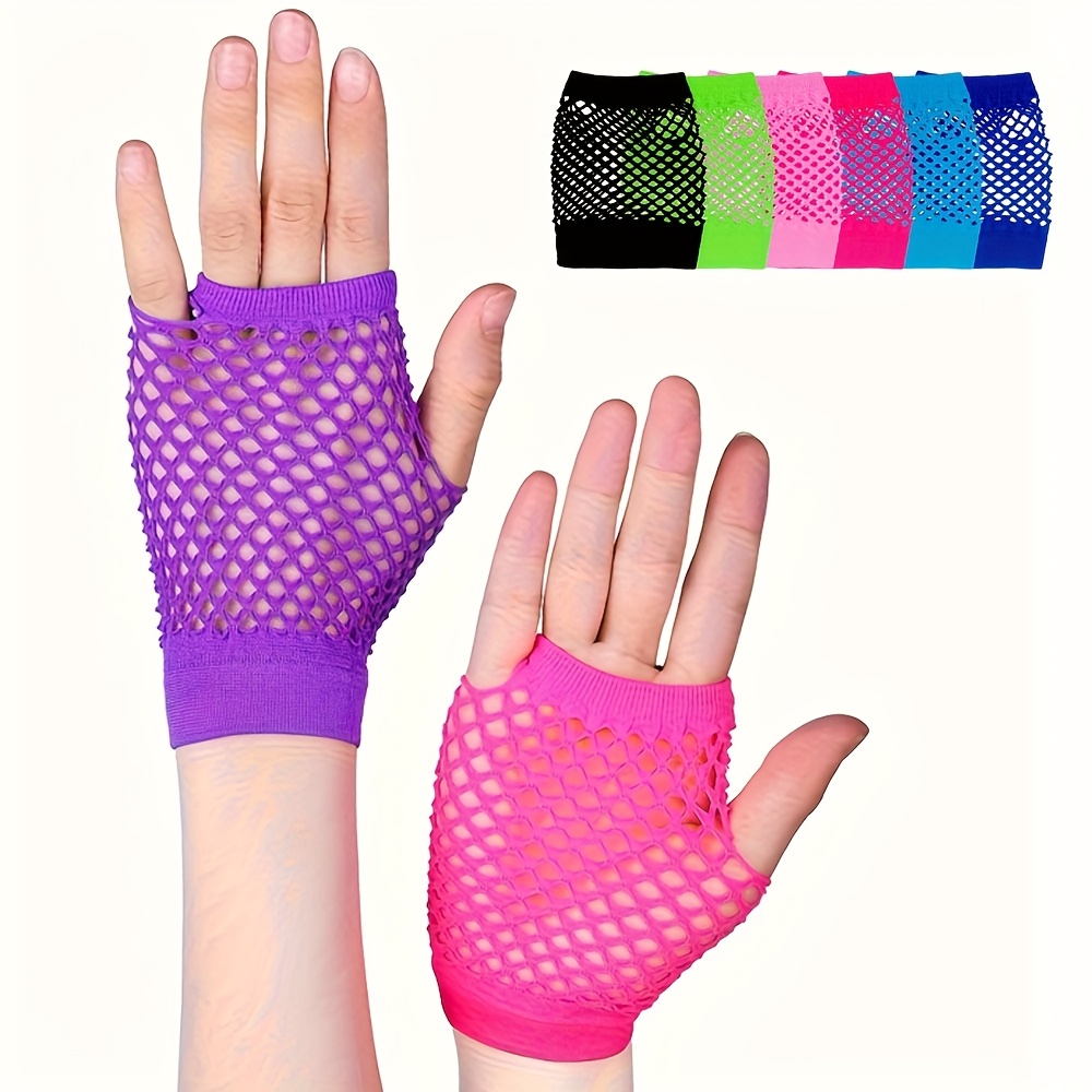 Image of 6 Pairs Fingerless Fishnet Neon Gloves For Women 80s 90s Fishnet Gloves Short Net Mesh Fingerless Gloves Assorted Neon Colors Halloween Party Costume Cosplay Additions