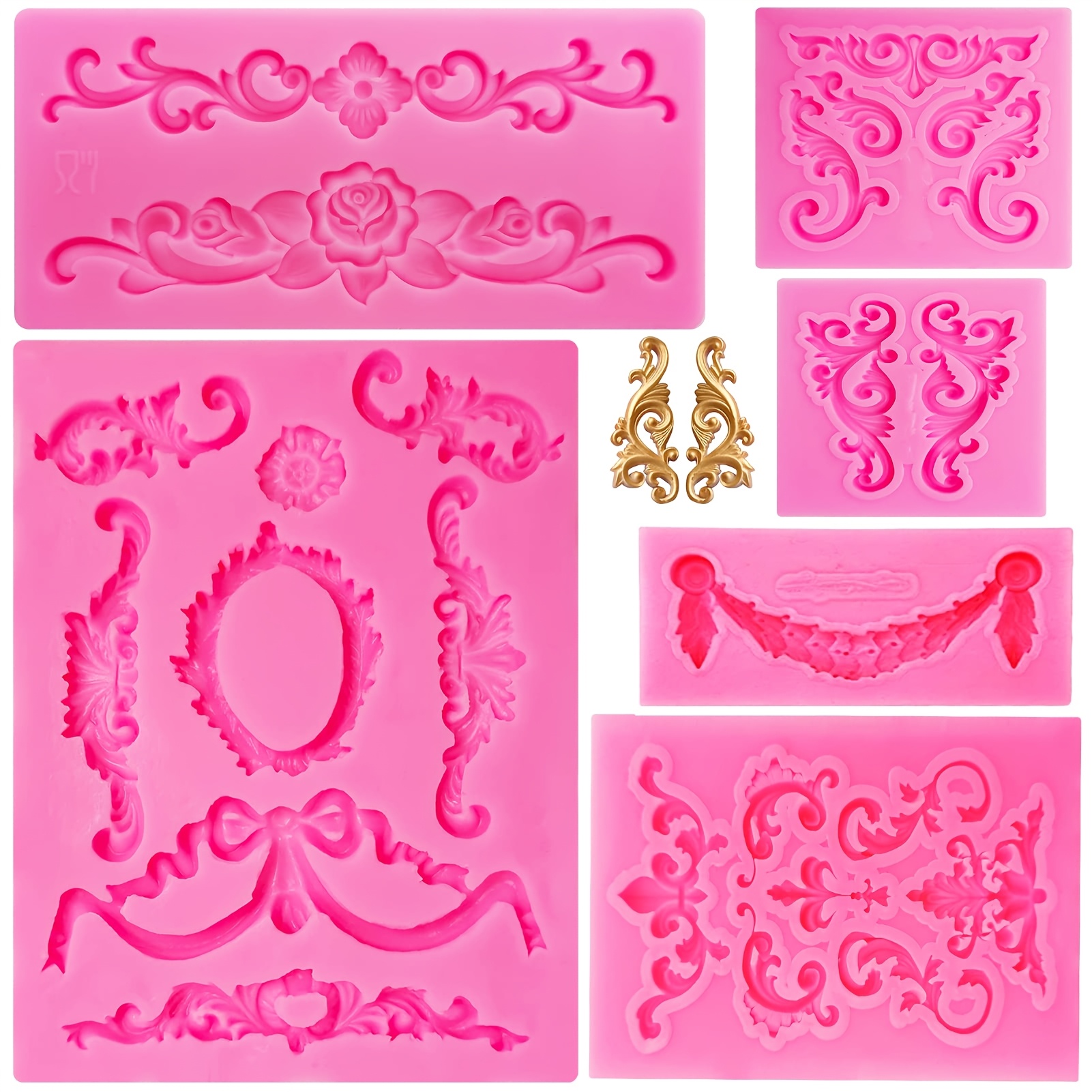 Image of 6pcs Baroque Style Silicone Molds | Curlicues Scroll Lace Fondant Molds, Vintage Relief Flower Mould 3d Clay Mold For Gummy Pastry Chocolate Mold For Clay Cupcake Topper Decor