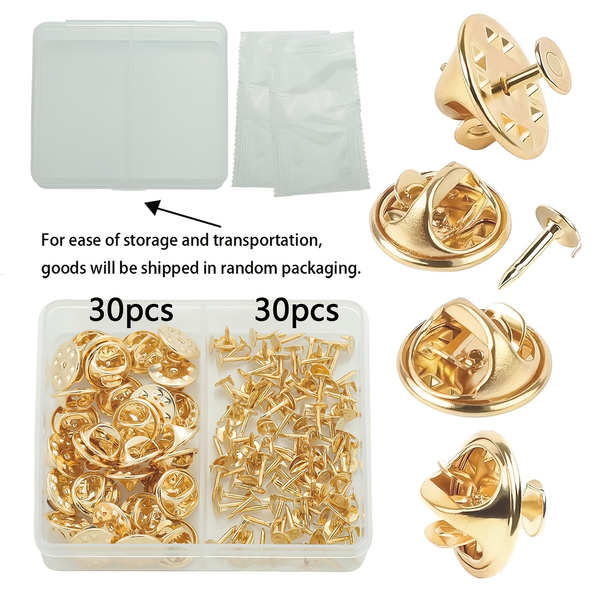 TEMU 60pcs/Boîte Têtes de d'Addition KC Doré avec 30pcs Fermoirs Papillon et 30pcs (5Mm) Aiguilles Pony, Emballage Aléatoire Adapté aux Artisanats