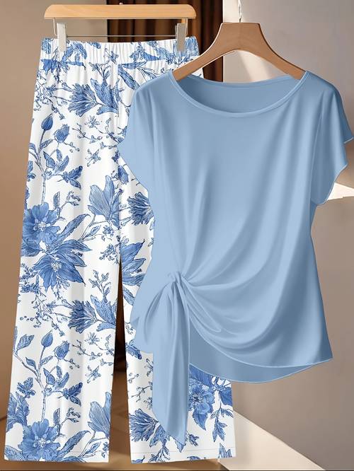 new summer crew neck twist irregular short sleeve top with elastic waist floral printed wide leg pants loose 2pcs outfit for women suitable for loungewear daily shopping short
