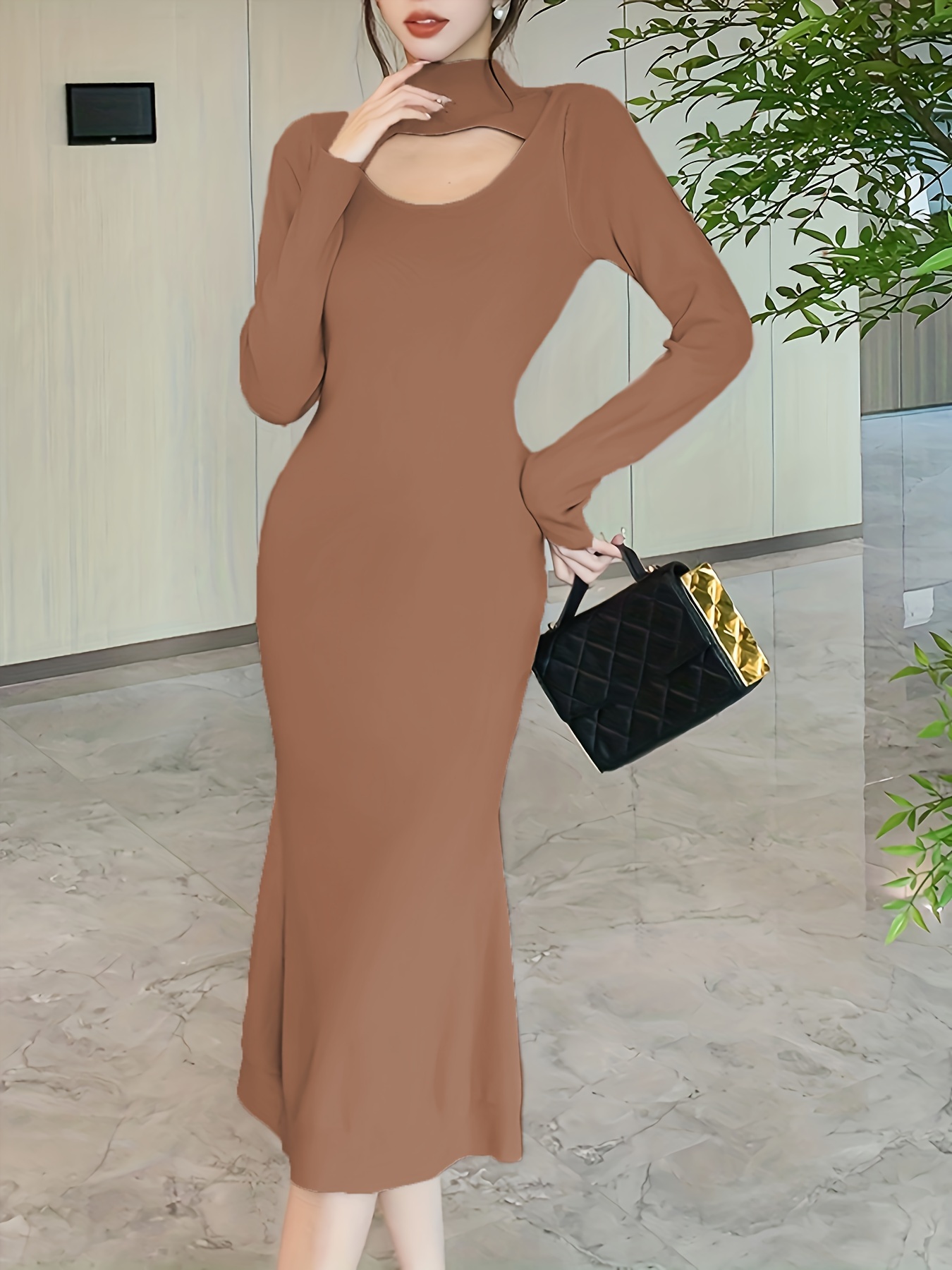 cut mock neck dress elegant solid bodycon midi dress womens - Temu Oman