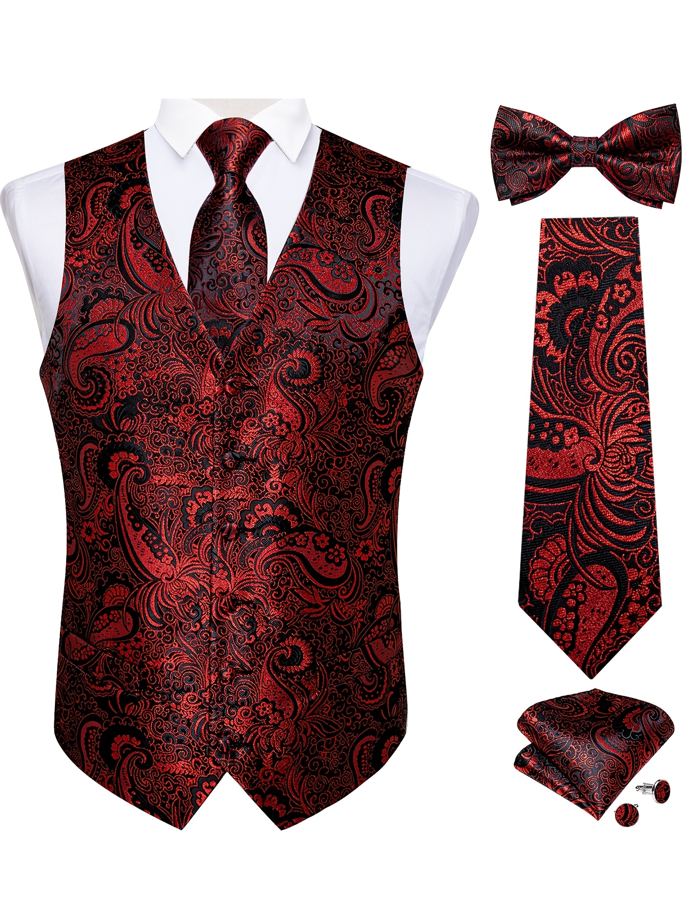 Men'S Paisley Vest Tie Handkerchief Cufflinks Boutonniere 5pcs Set Wedding Party Applicable