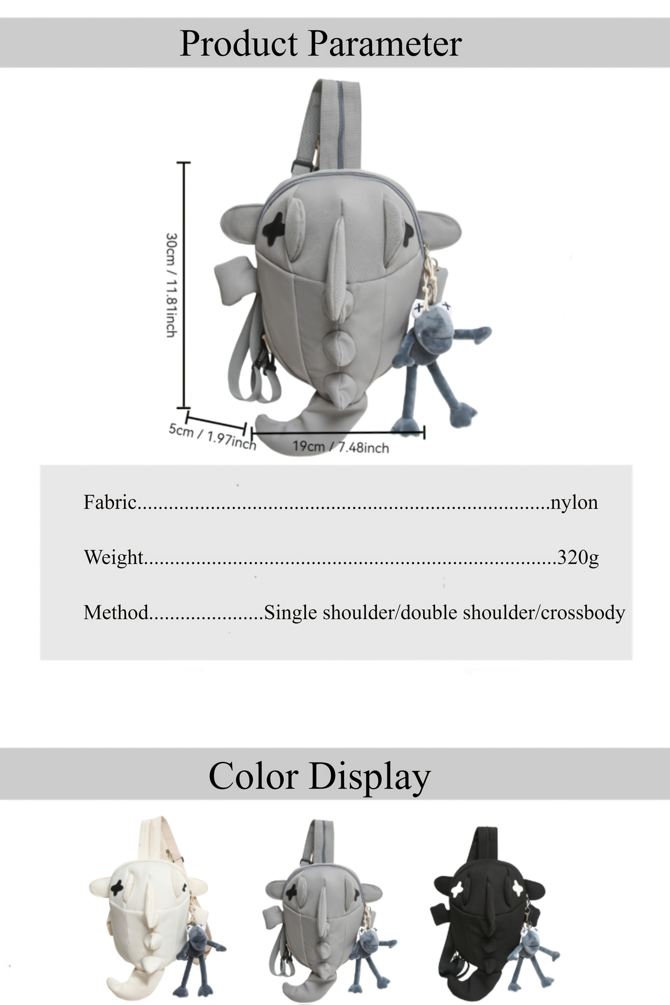 Bandolera y Mochila Convertible de Tiburón - Correa de Hombro Ajustable de Nailon, Cierre con Cremallera, Forro de Poliéster, Mochila Casual Unisex para Mujeres y Hombres (Blanco/Gris/), Accesorio Unisex | Bolso de Moda Único | Construcción en Nailon, Mochila de Tiburón