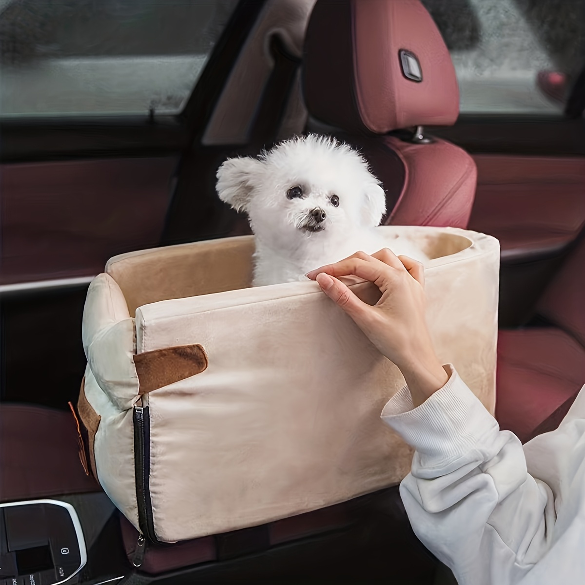 cozy pet bed for car travel soft polyester dog nest with   white mat secure zipper closure and large viewing window   small to medium dogs car travel accessories Product details 0