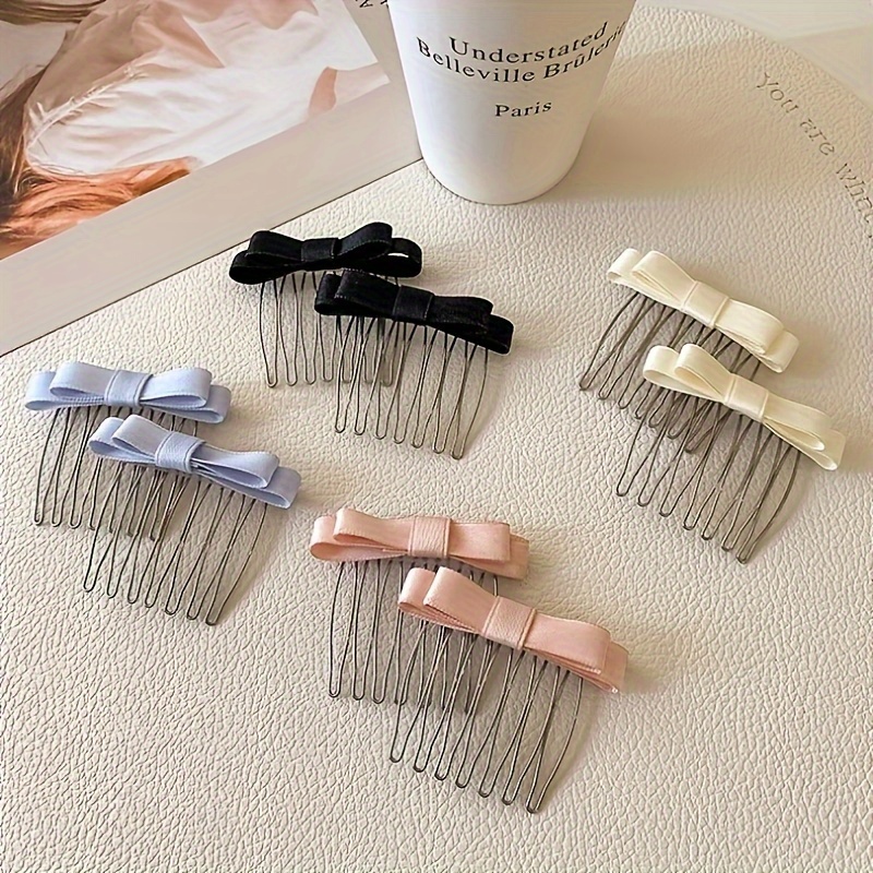 

Fabric Bow Tie Hair Combs Set Of 2 - Minimalist Y2k Style Bow Hair Side Combs For Teens And Adults, Solid Color Hair Clips For Fringe & Flyaway , Trendy Hair Accessory Set