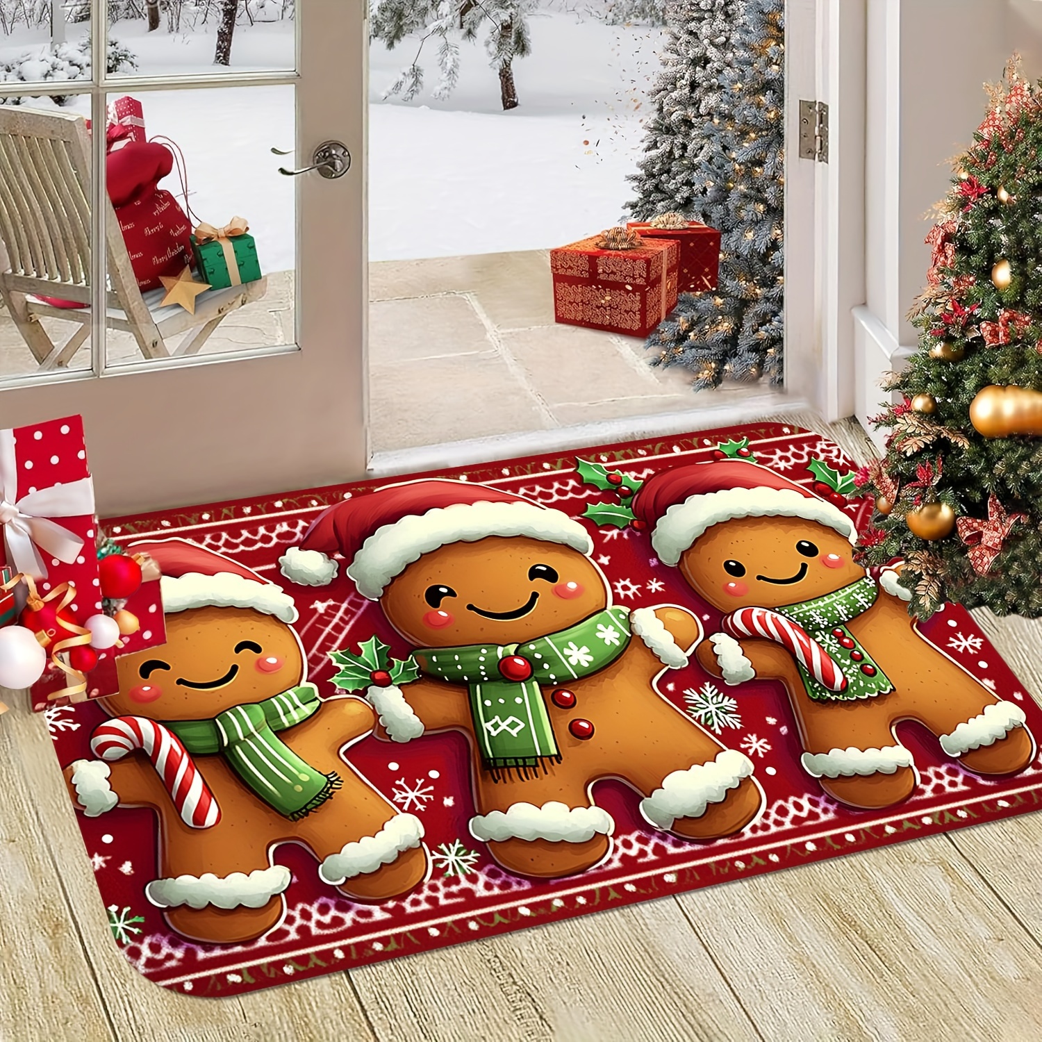 TEMU Christmas Gingerbread Man Design Doormat - Machine Washable, 0.47 Inch Thick - Suitable For Decorating Bathrooms, Living Rooms, Bedrooms,
