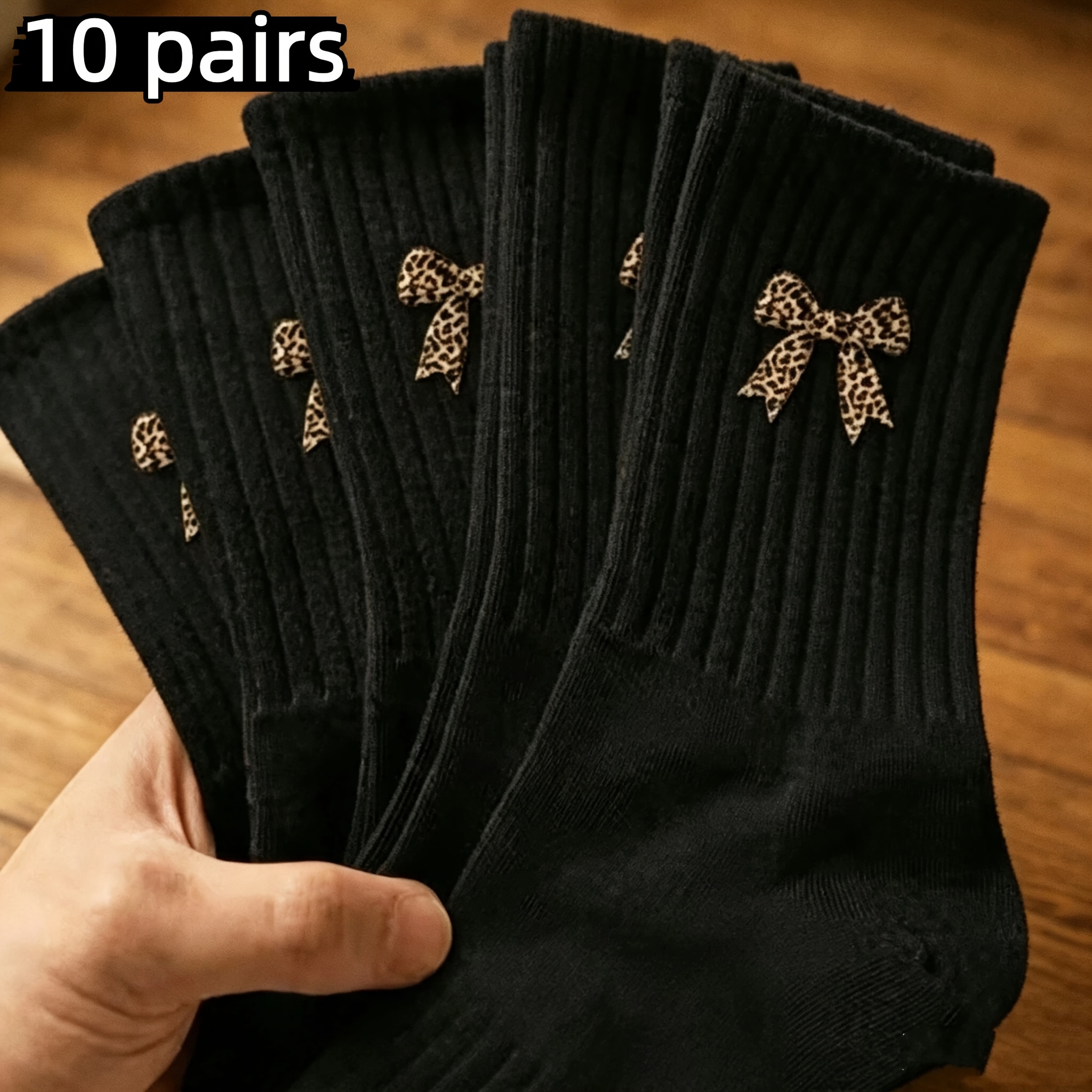 TEMU 20/10/5/1 Pairs Women's Mid-calf Crew Socks, Leopard Print Bow Pattern, Solid Color Ribbed Casual Socks, Trendy Y2k -match Socks, Lightweight