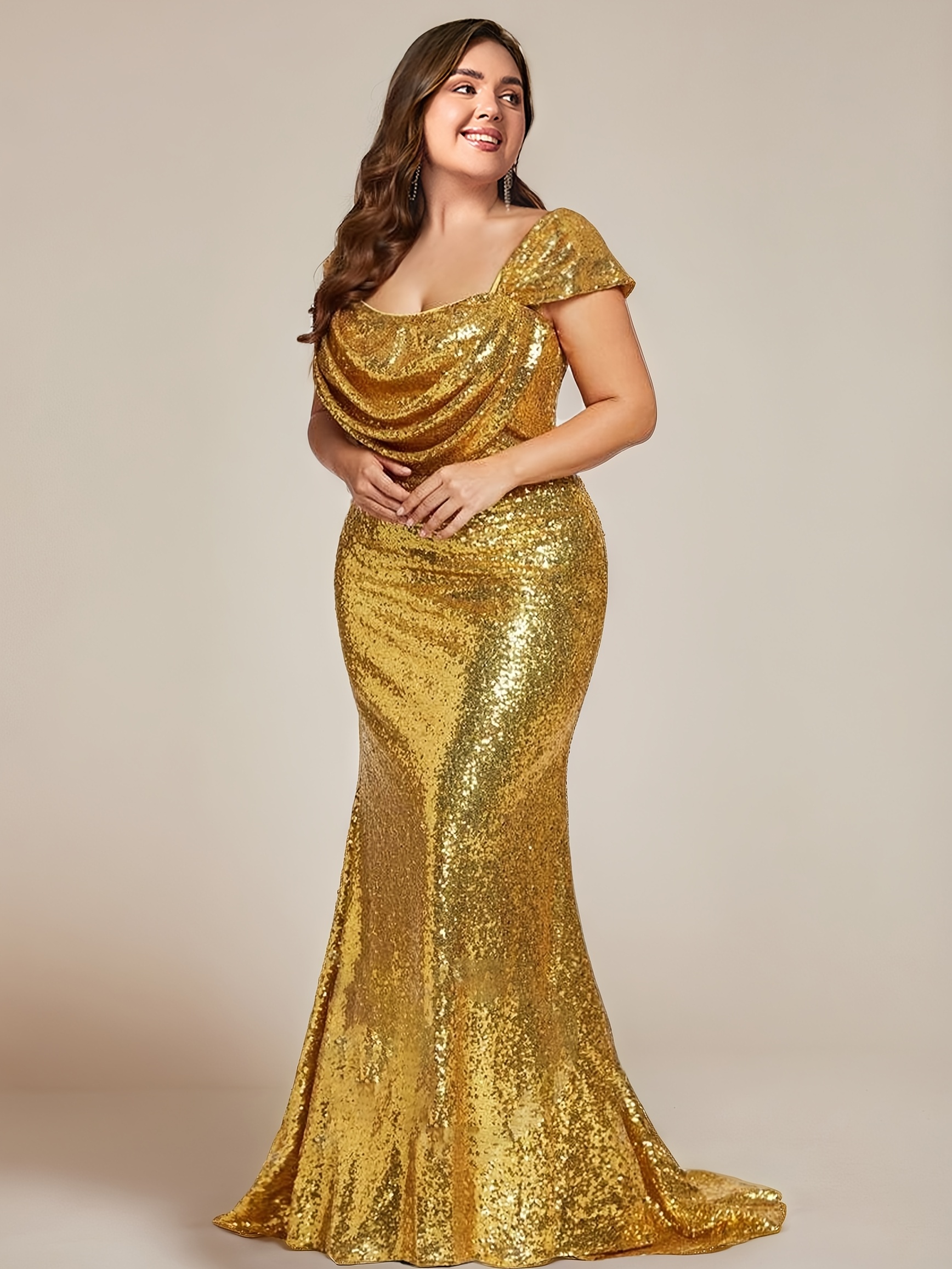 slim fit dress slacks Macloth Straps V Neck Sequin Gold Short Bridesmaid Dress Plus Size Cocktail Formal Gown Gold / Above Knee / US10